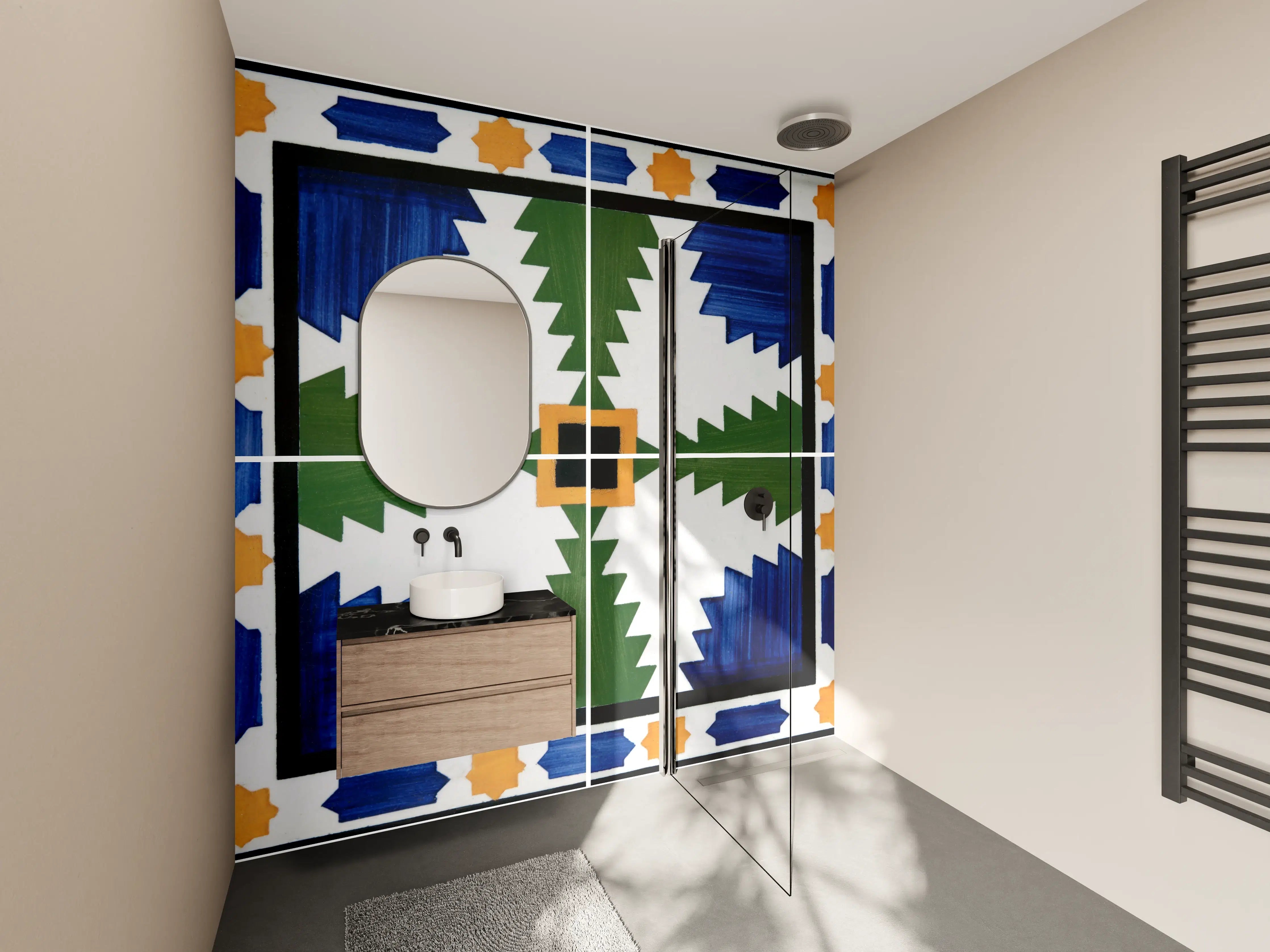 Wandverkleidung Bad - Traditionelle Fliesenmuster in Blau, Grün und Orange