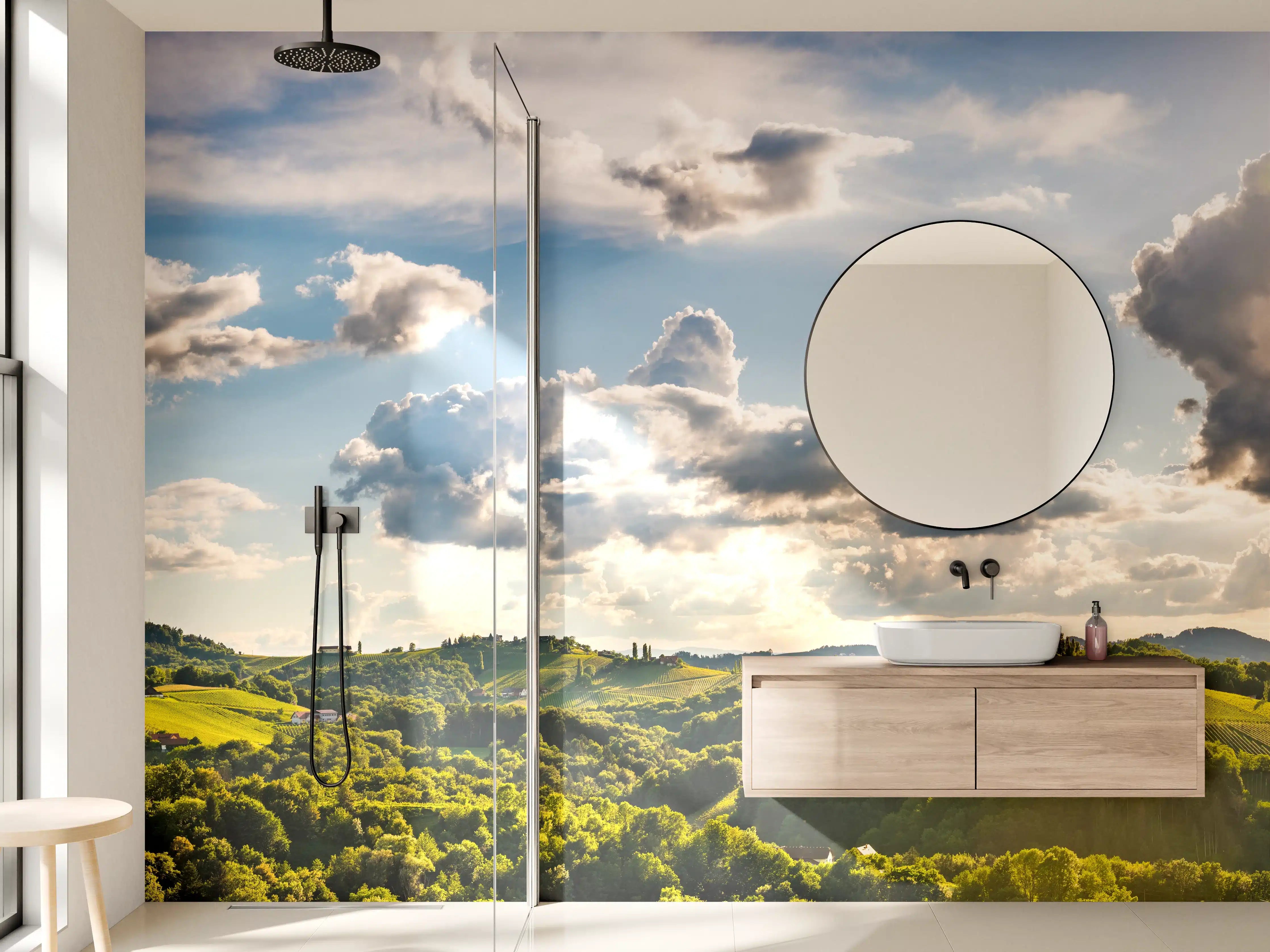 Wandverkleidung Bad - Traumhafter Landschaftshimmel mit Wolken und Sonne