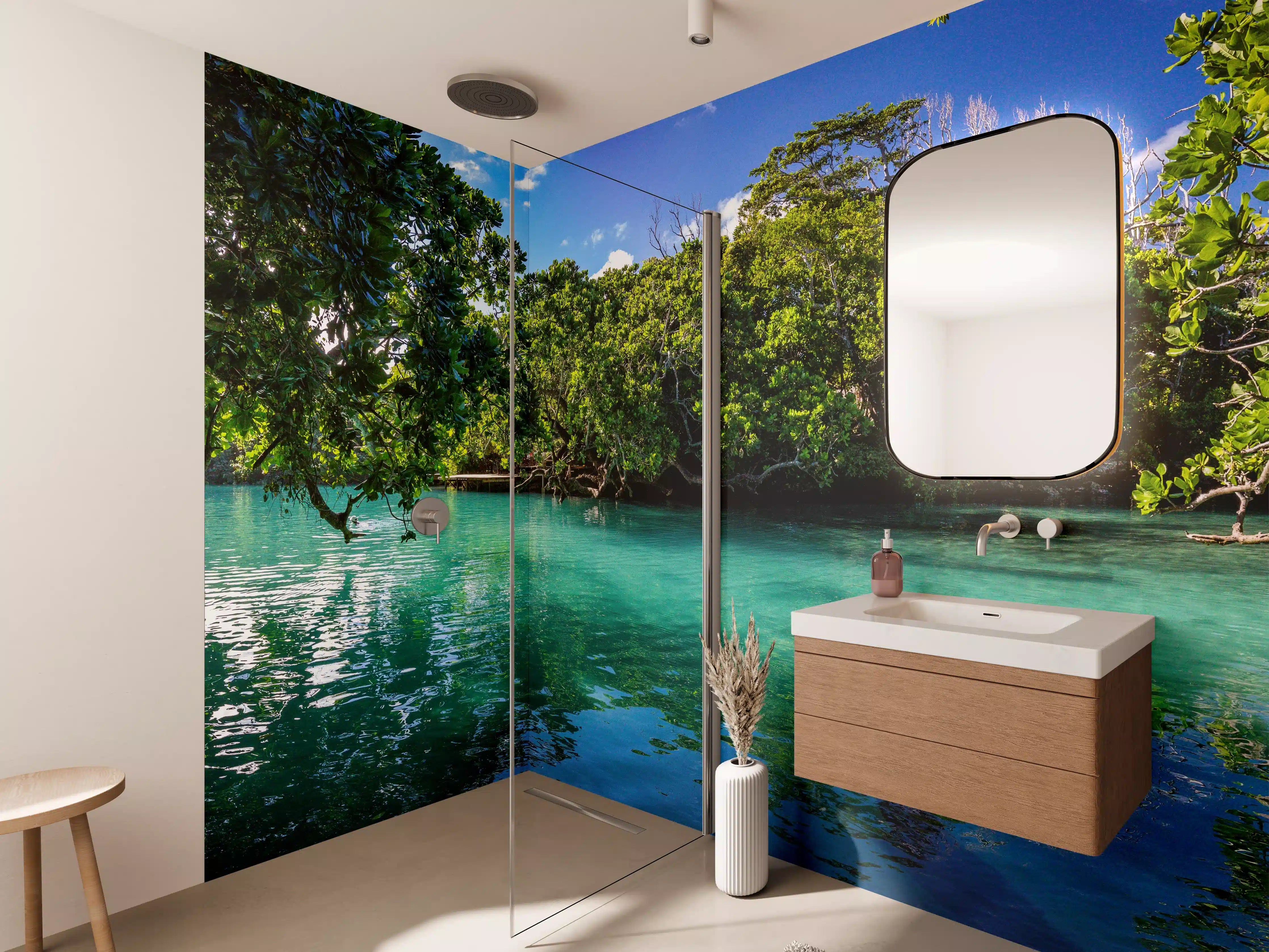 Wandverkleidung Bad - Traumhafter See im Wald - Indonesien