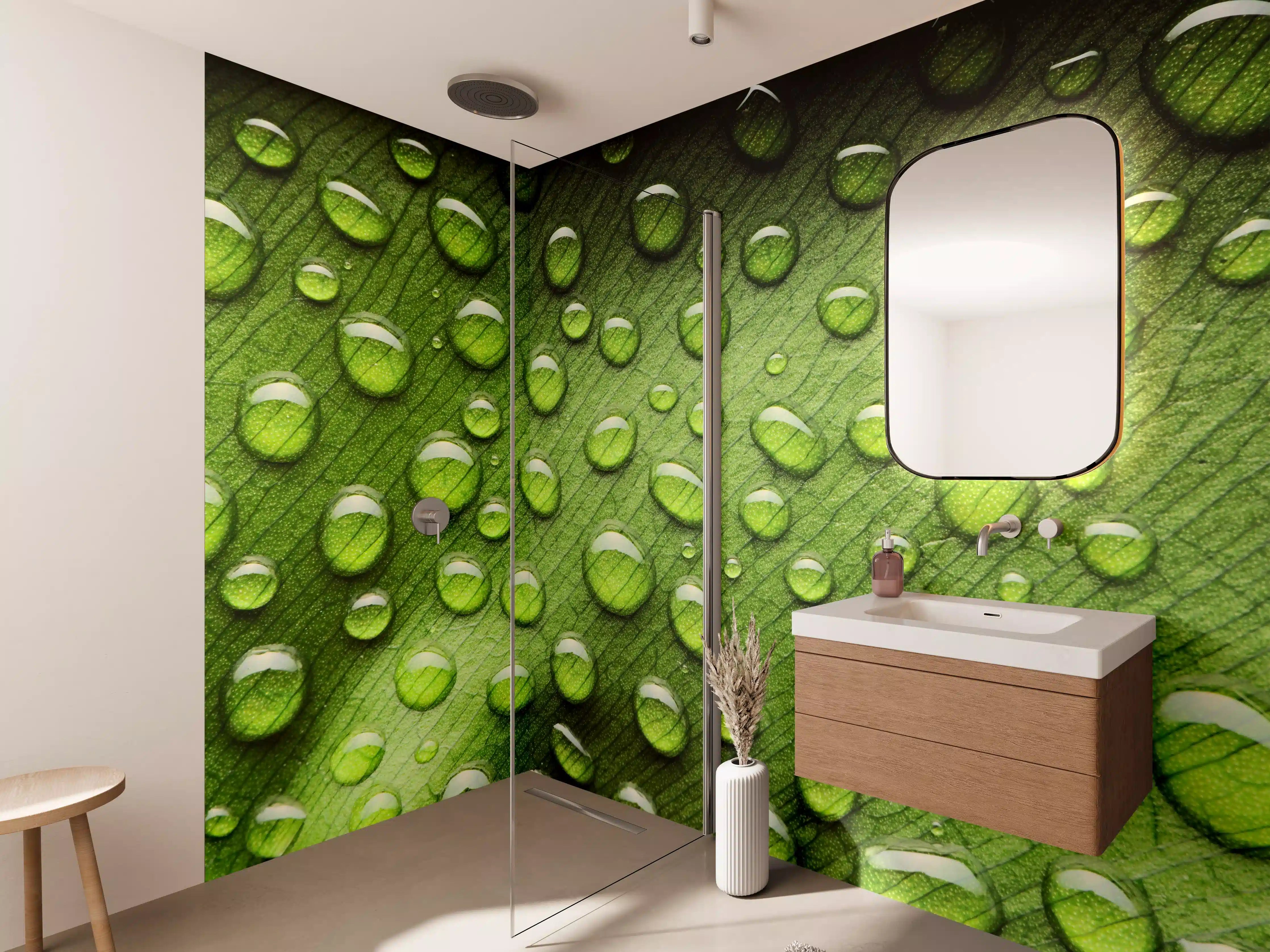 Wandverkleidung Bad - Tropfende Wassertropfen auf grüner Blattoberfläche