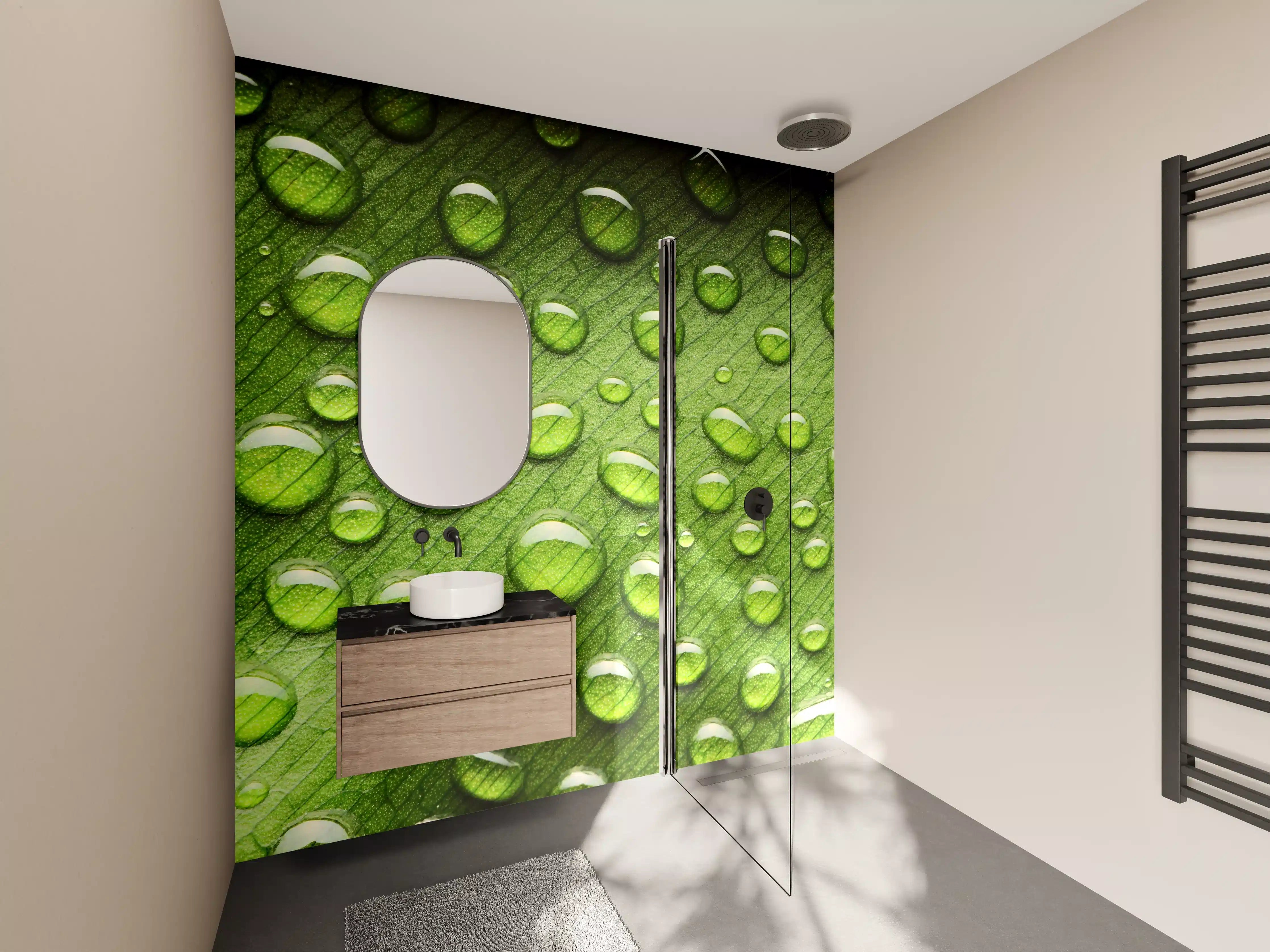 Wandverkleidung Bad - Tropfende Wassertropfen auf grüner Blattoberfläche