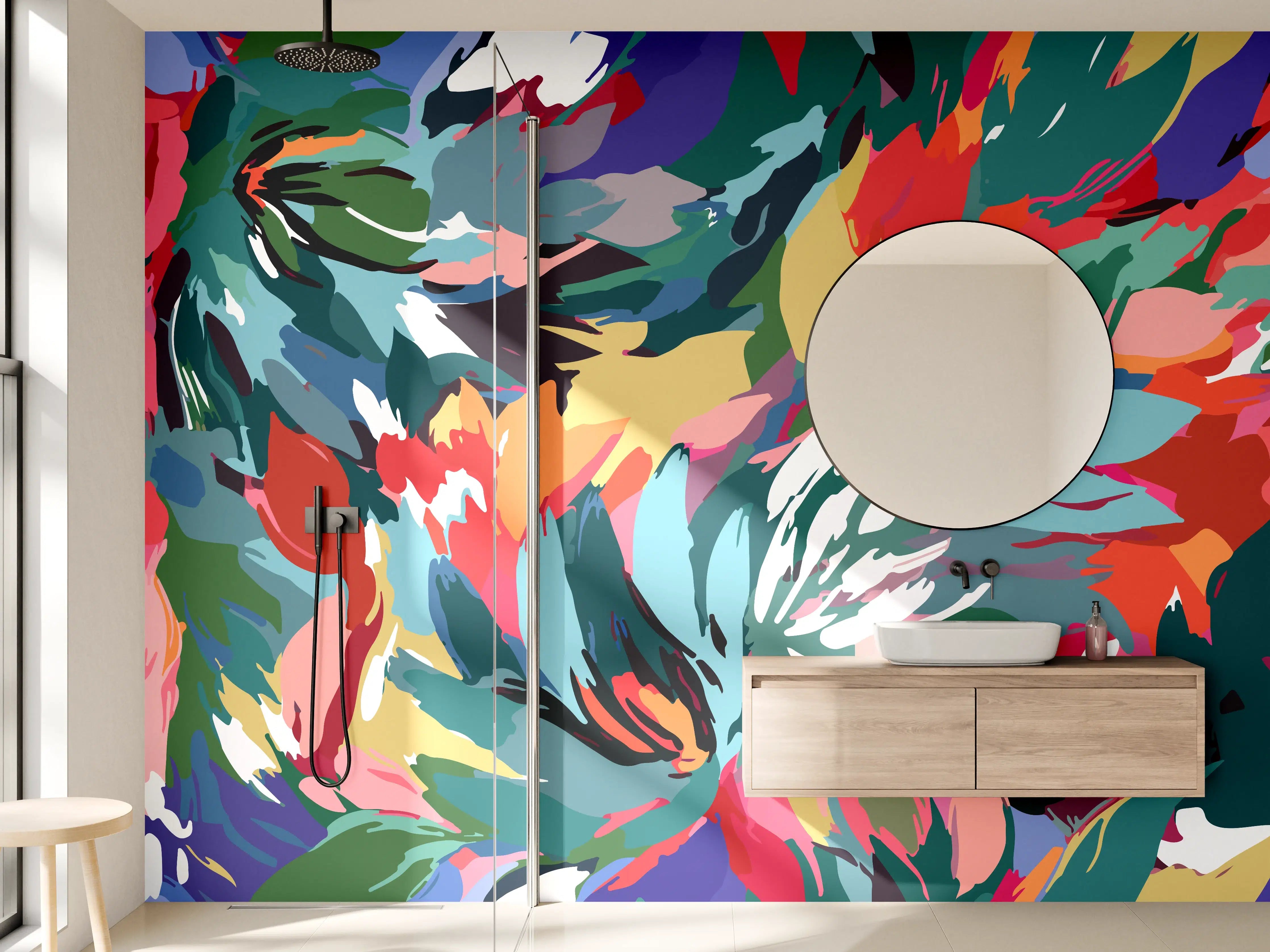 Wandverkleidung Bad - Tropische Blüten-Explosion Türkis-Rot