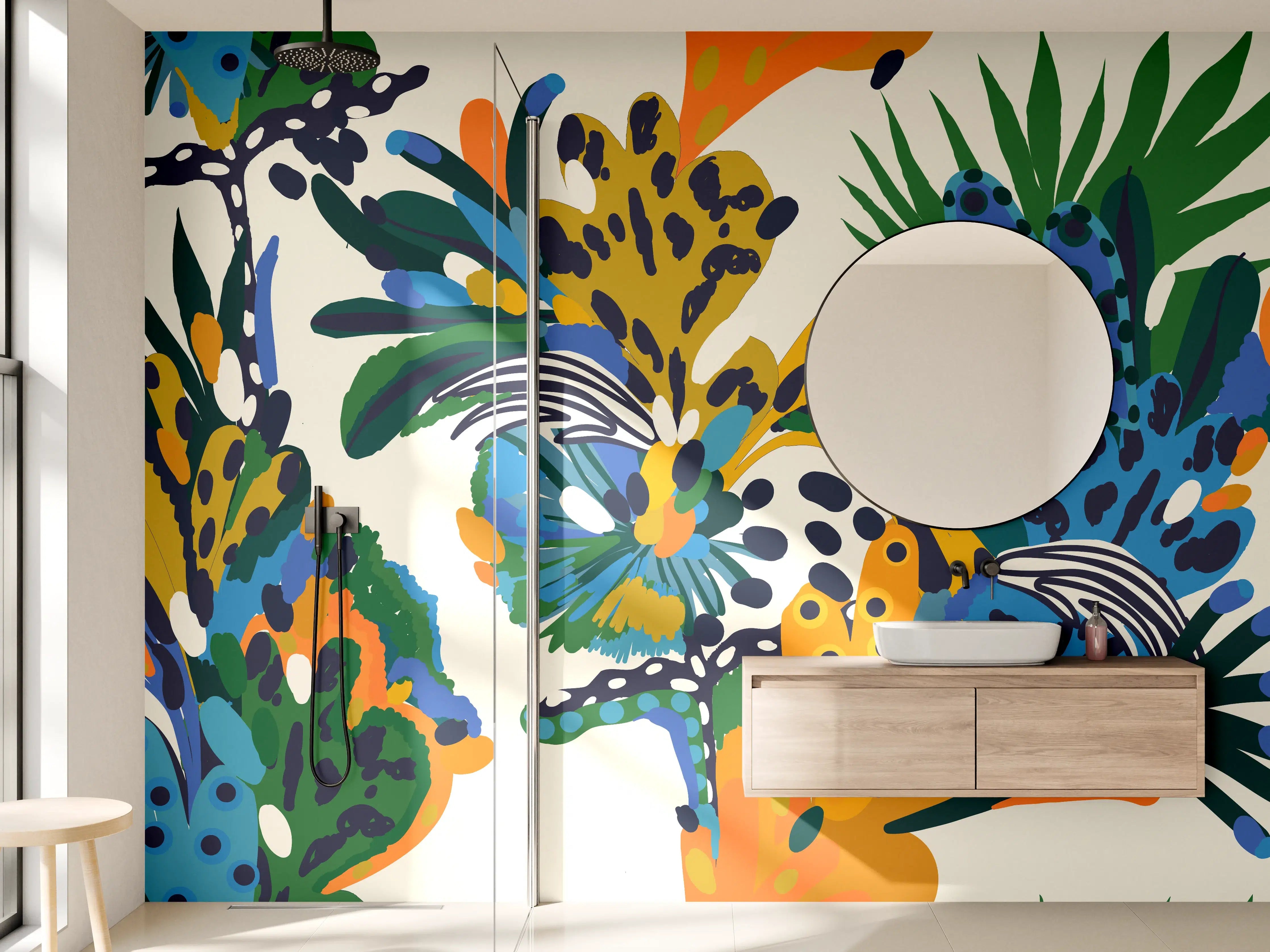 Wandverkleidung Bad - Tropische Blumen Blau Grün Orange