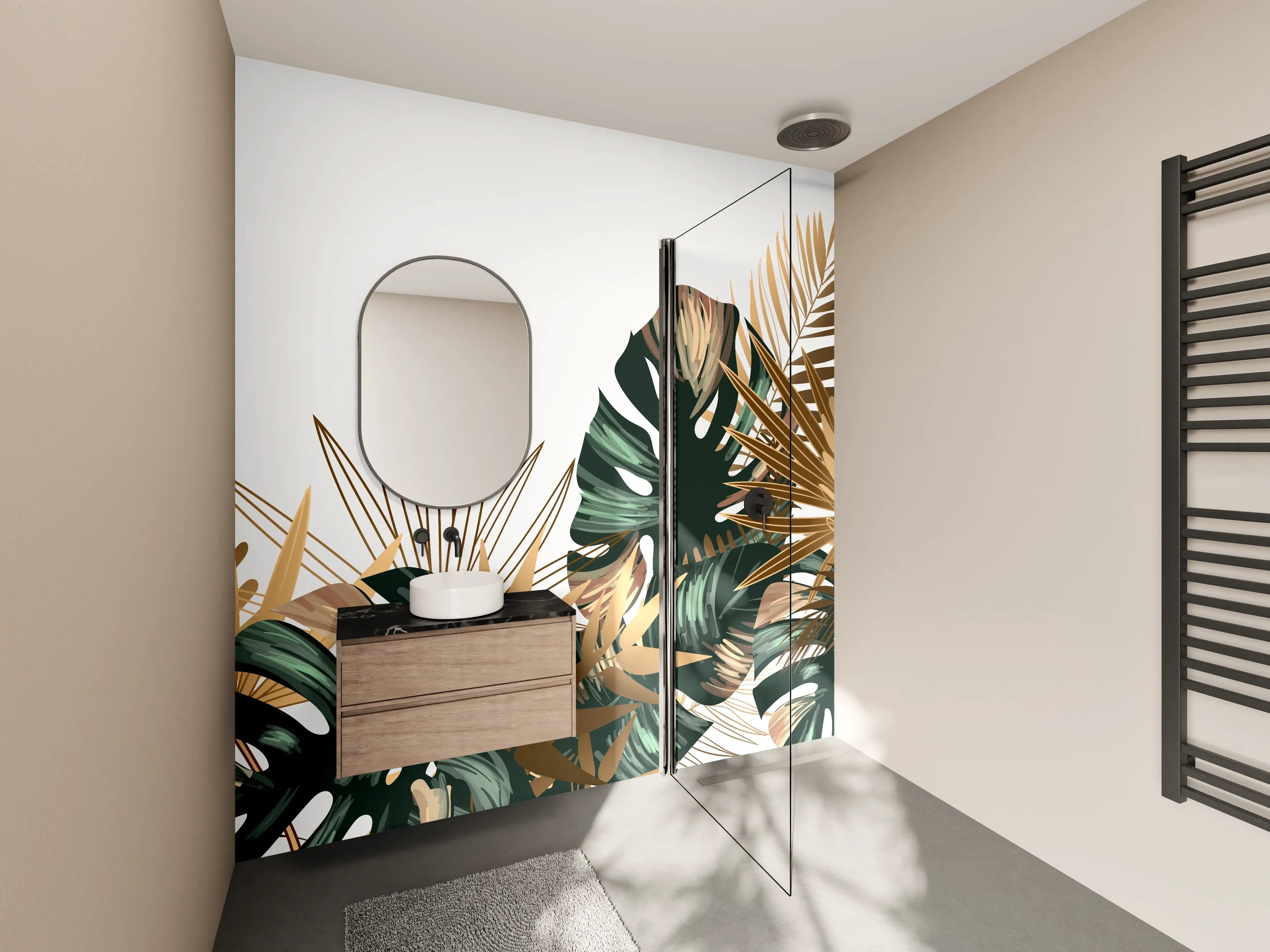 Wandverkleidung Bad - Tropische Gold-Palmen Dekor