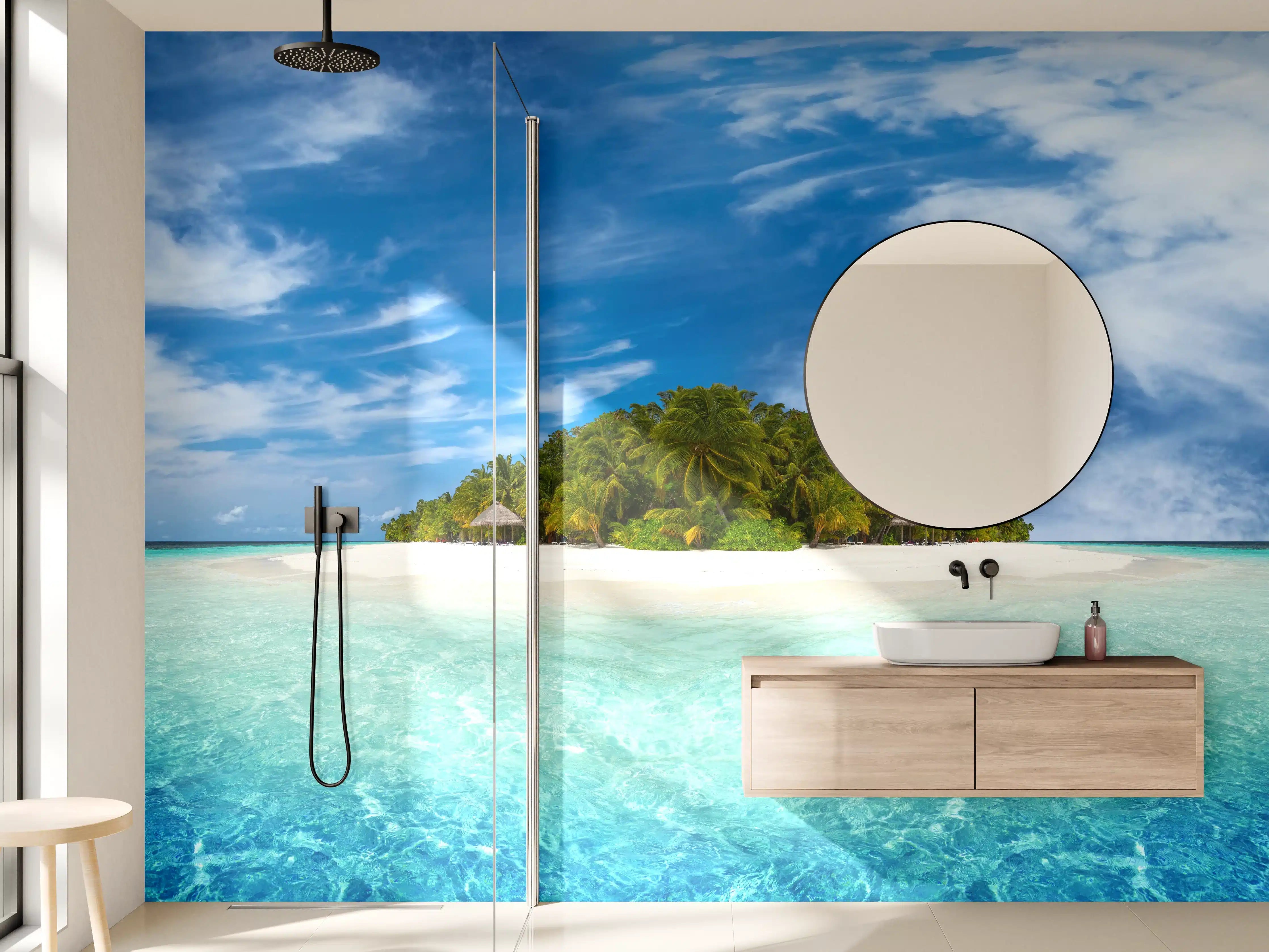 Wandverkleidung Bad - Tropische Insel mit Kokospalmen