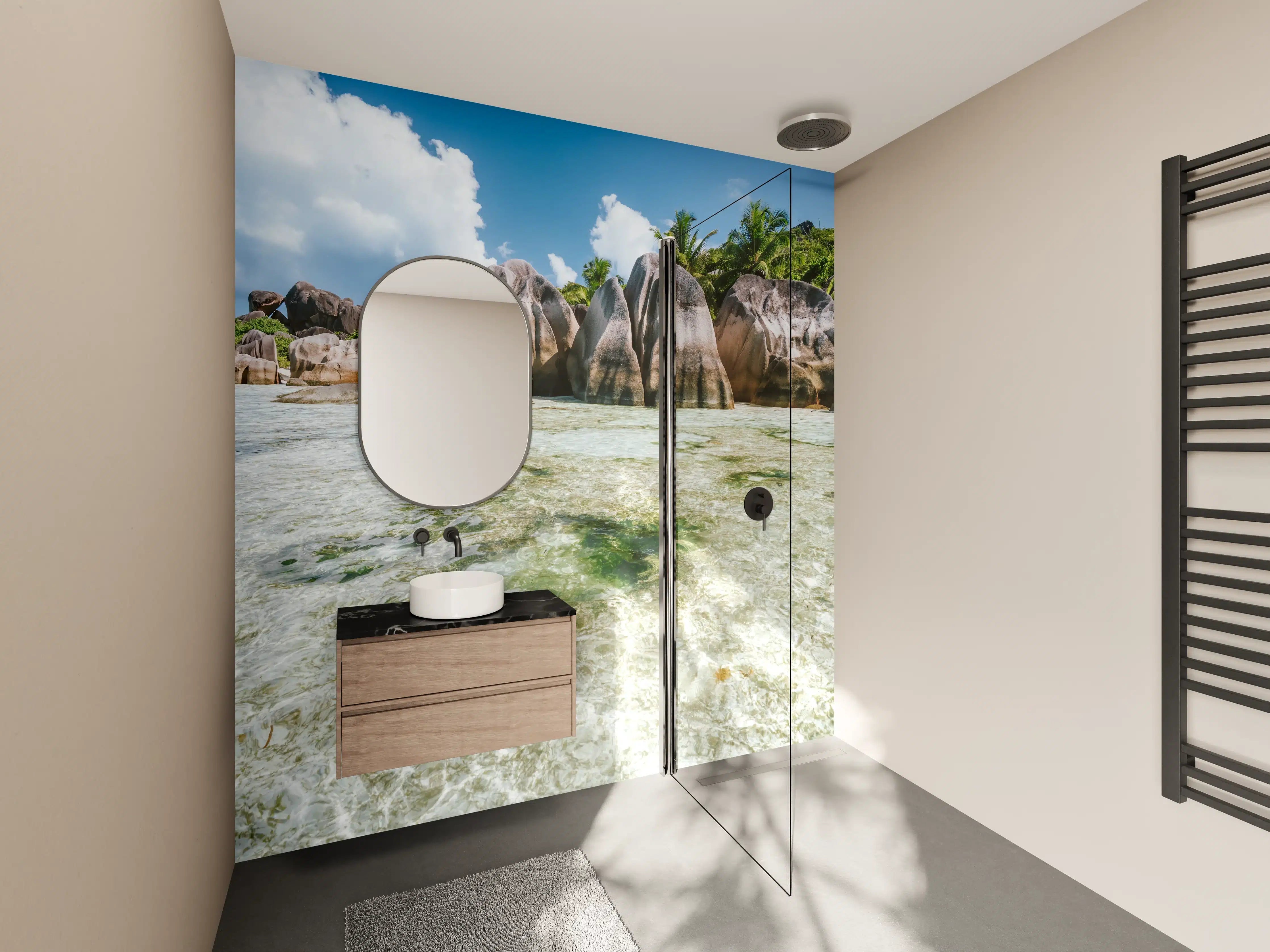 Wandverkleidung Bad - Tropische Strandkulisse mit Felsen und Palmen
