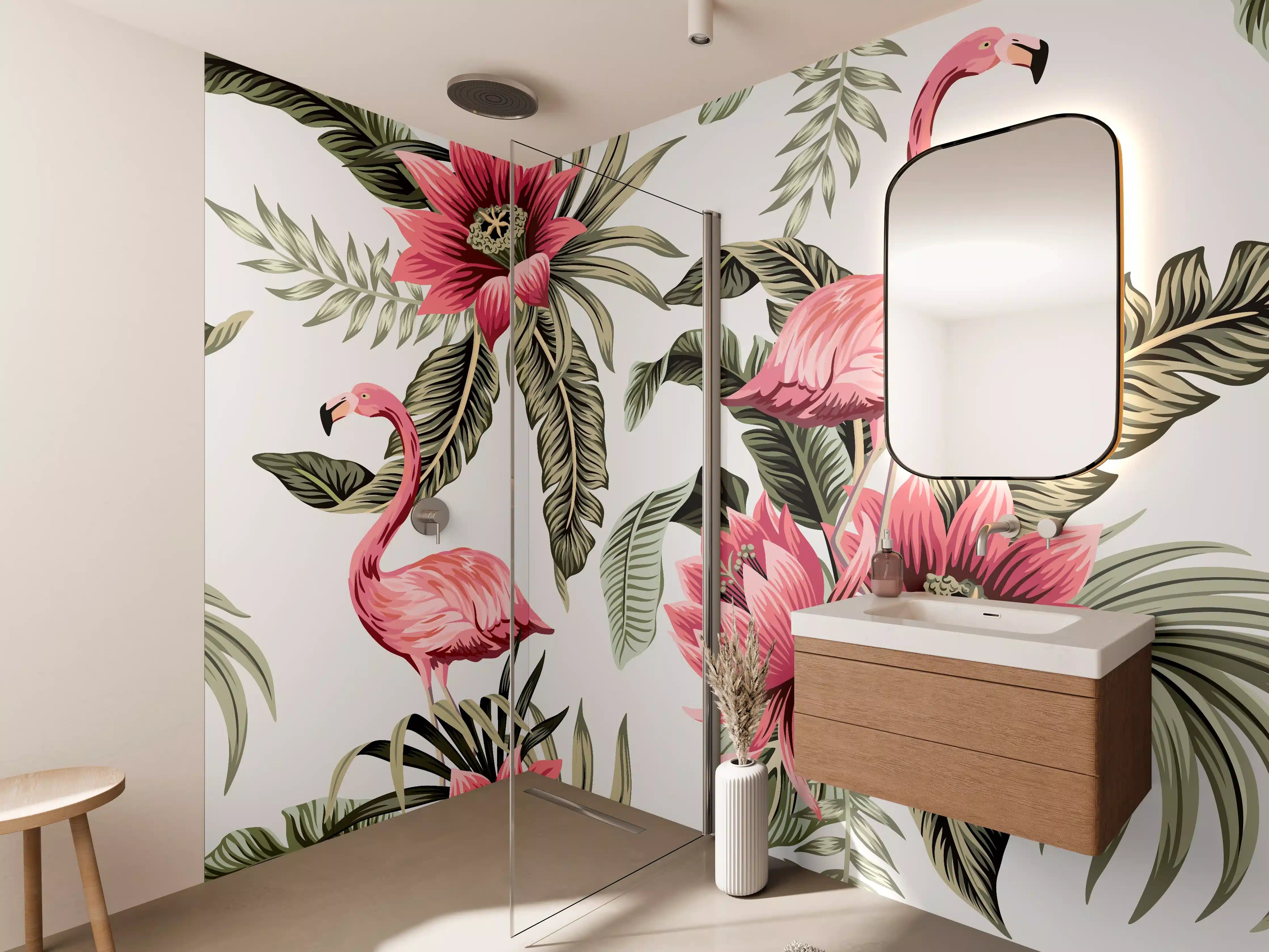Wandverkleidung Bad - Tropischer Flamingo-Blumen-Print