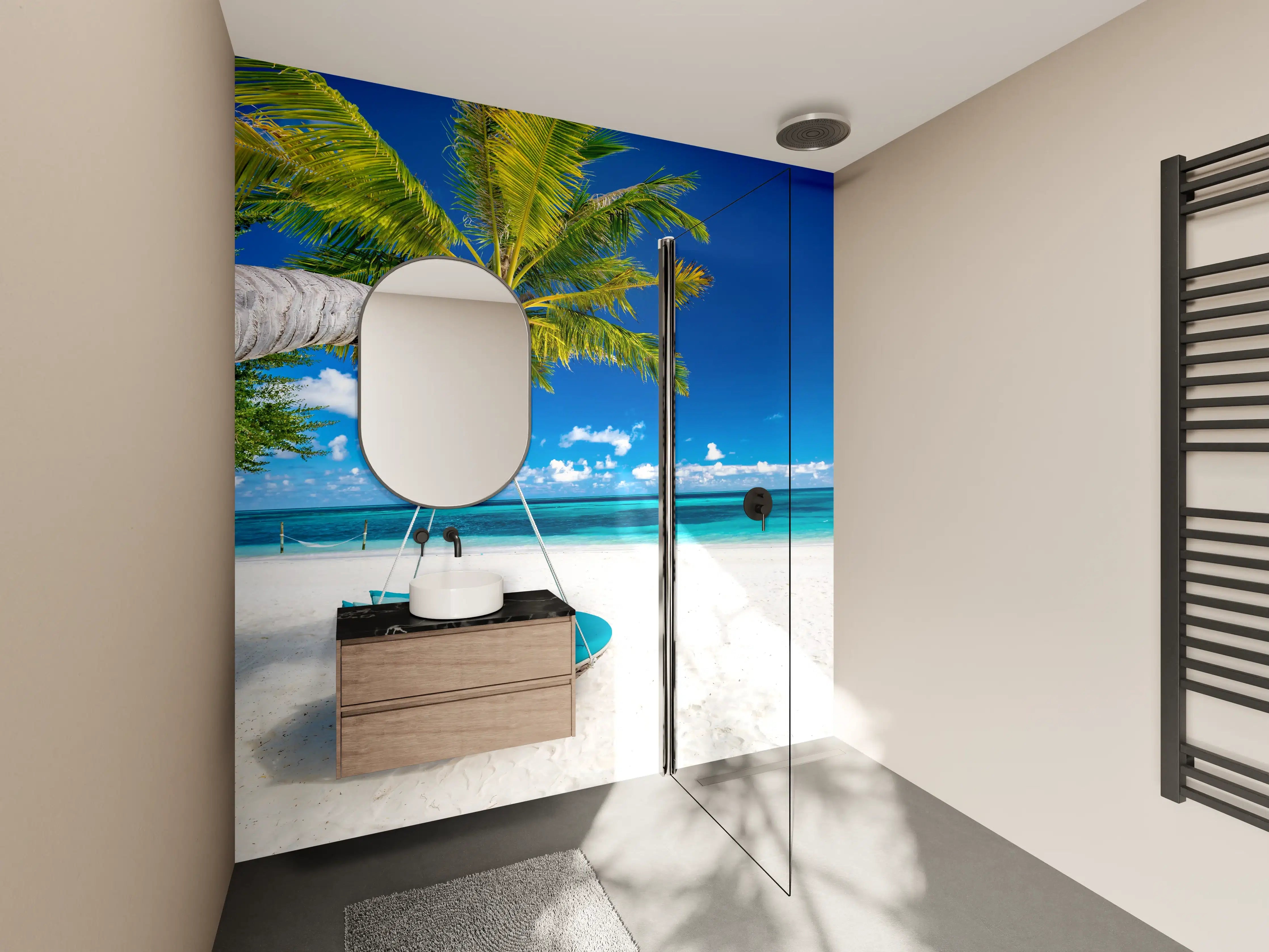 Wandverkleidung Bad - Tropischer Strand mit Hängebett