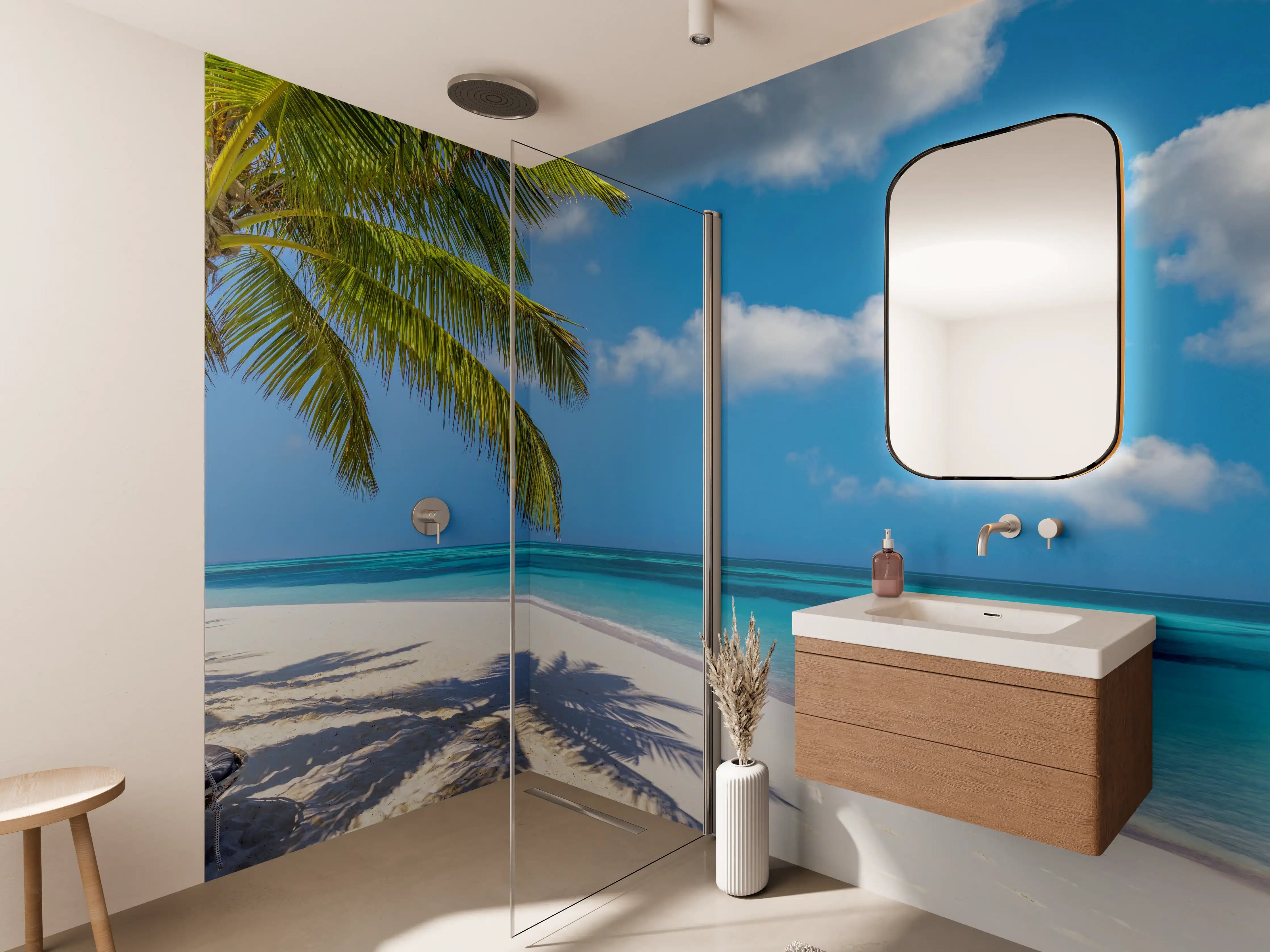 Wandverkleidung Bad - Tropischer Strand mit Palme und Hängesessel