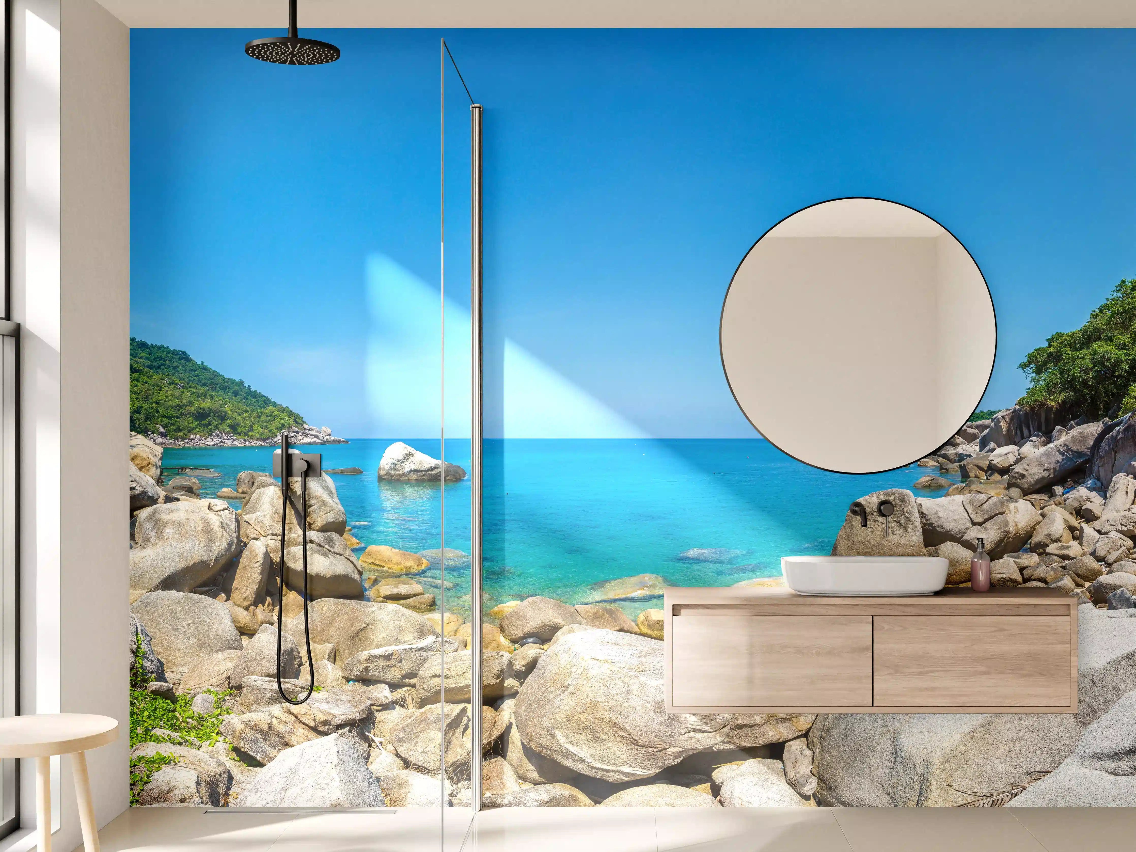 Wandverkleidung Bad - Tropischer Strand mit Palmen, blauer Himmel