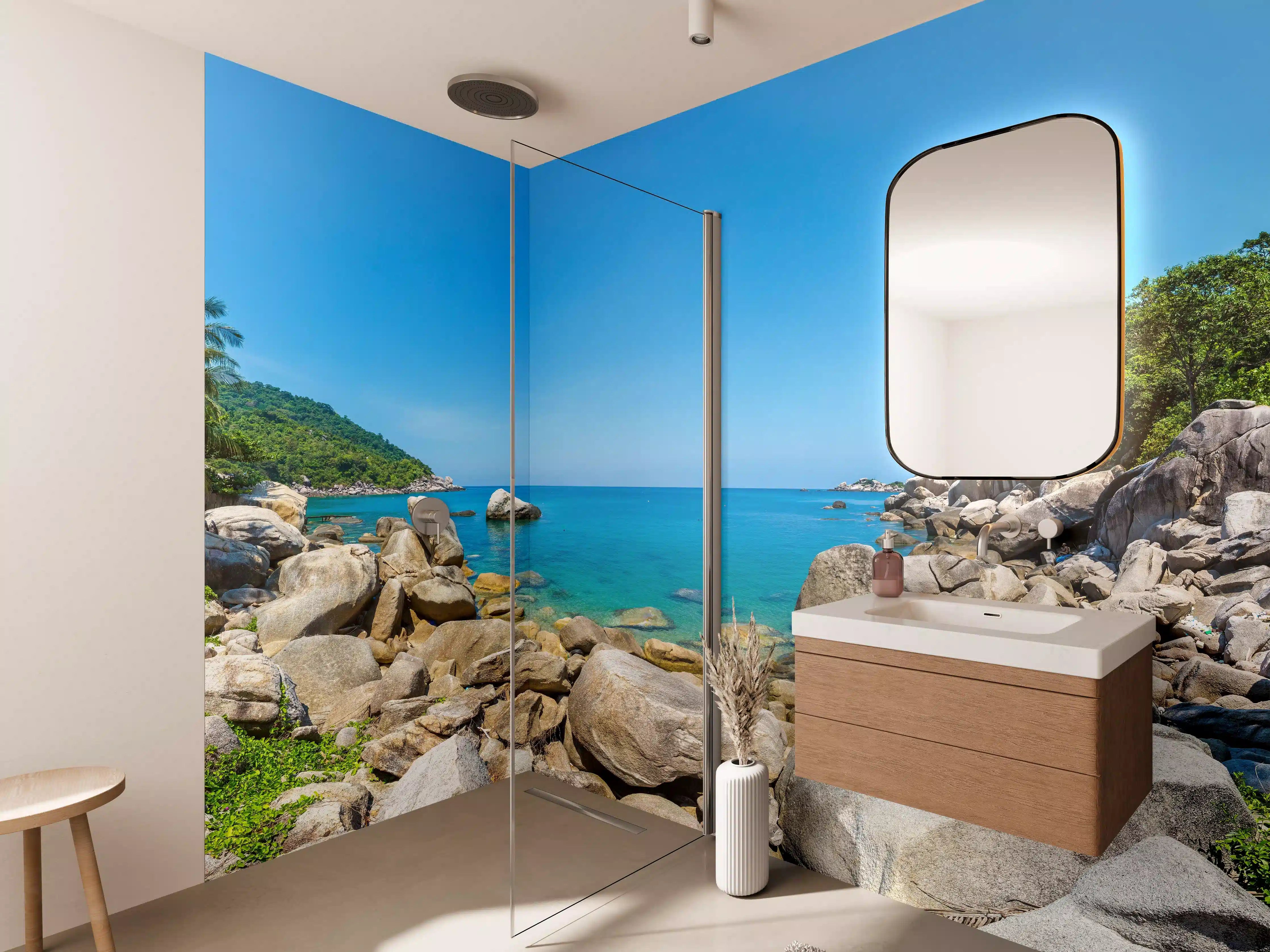 Wandverkleidung Bad - Tropischer Strand mit Palmen, blauer Himmel