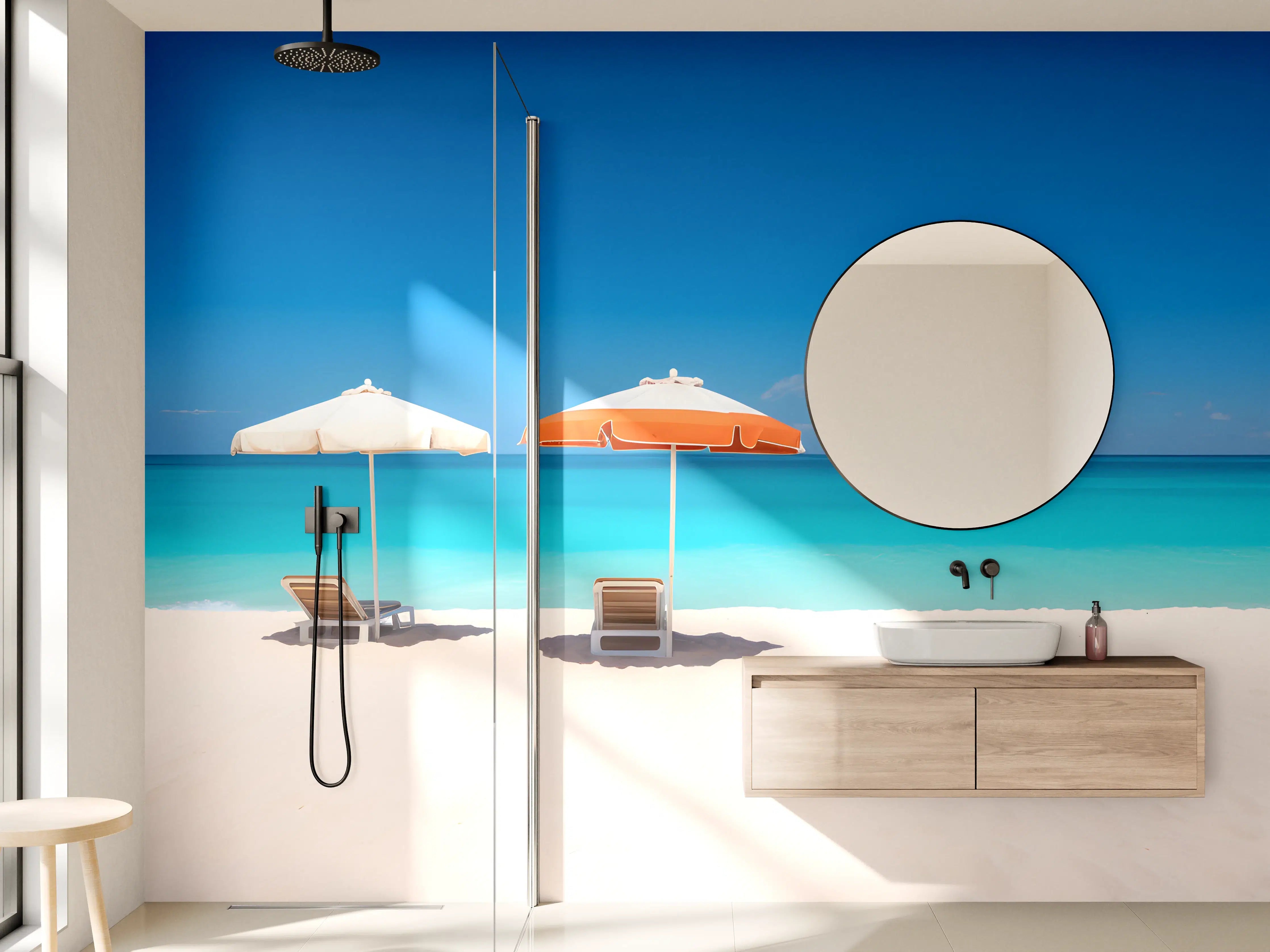 Wandverkleidung Bad - Tropischer Strand mit Sonnenschirmen