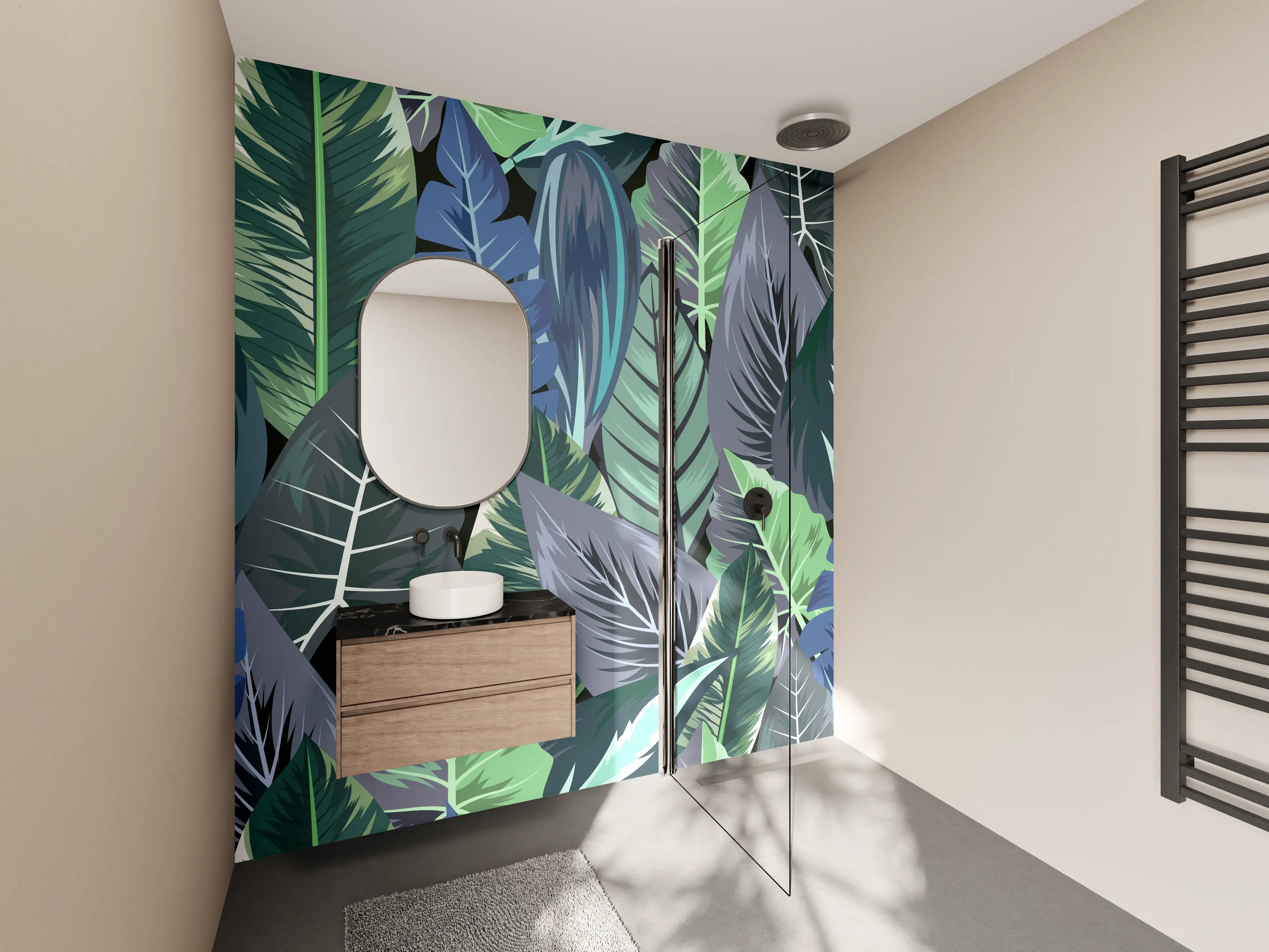 Wandverkleidung Bad - Tropisches Blatt-Labyrinth Grün-Blau