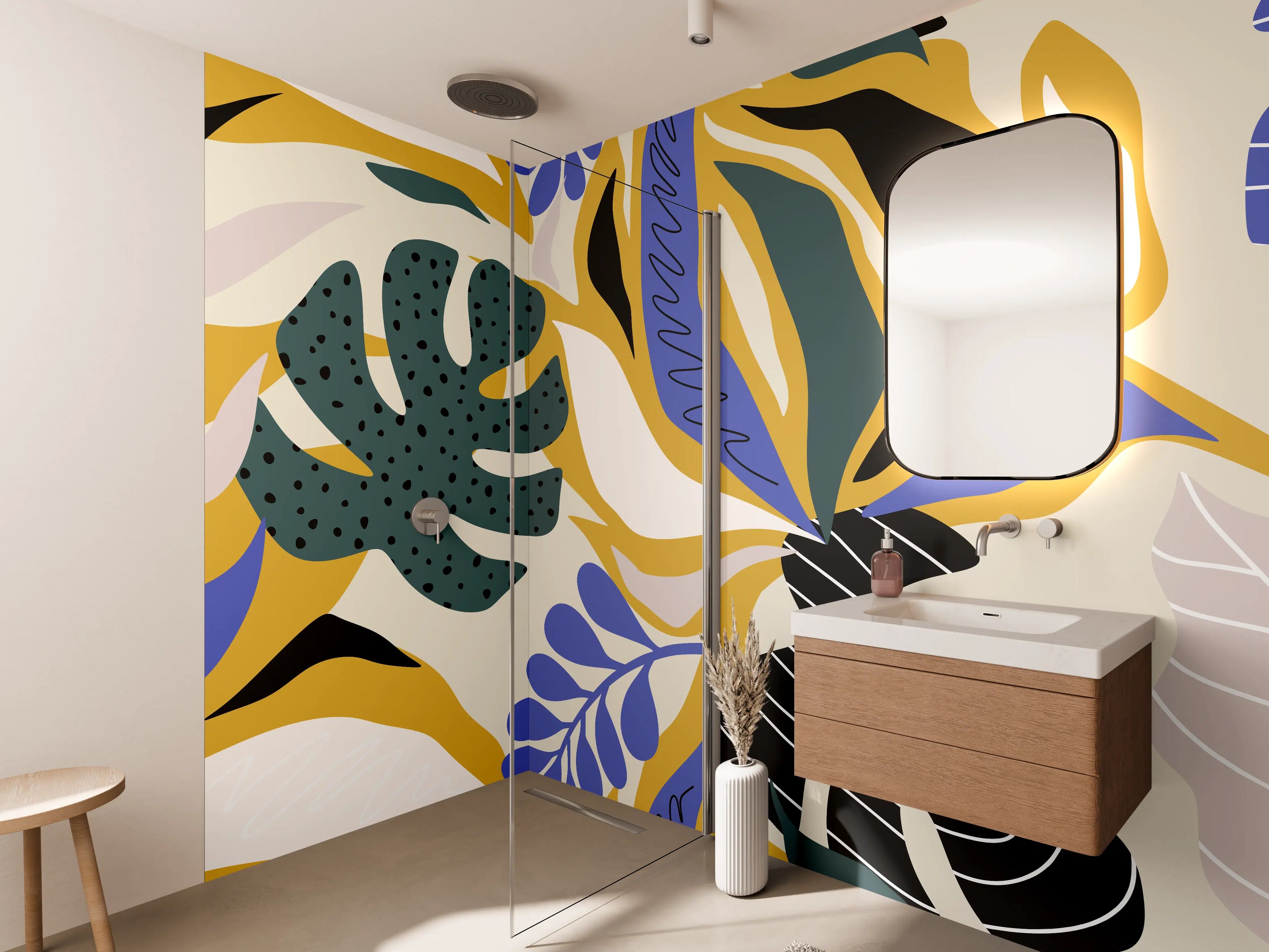 Wandverkleidung Bad - Tropisches Blattmuster Gelb-Blau
