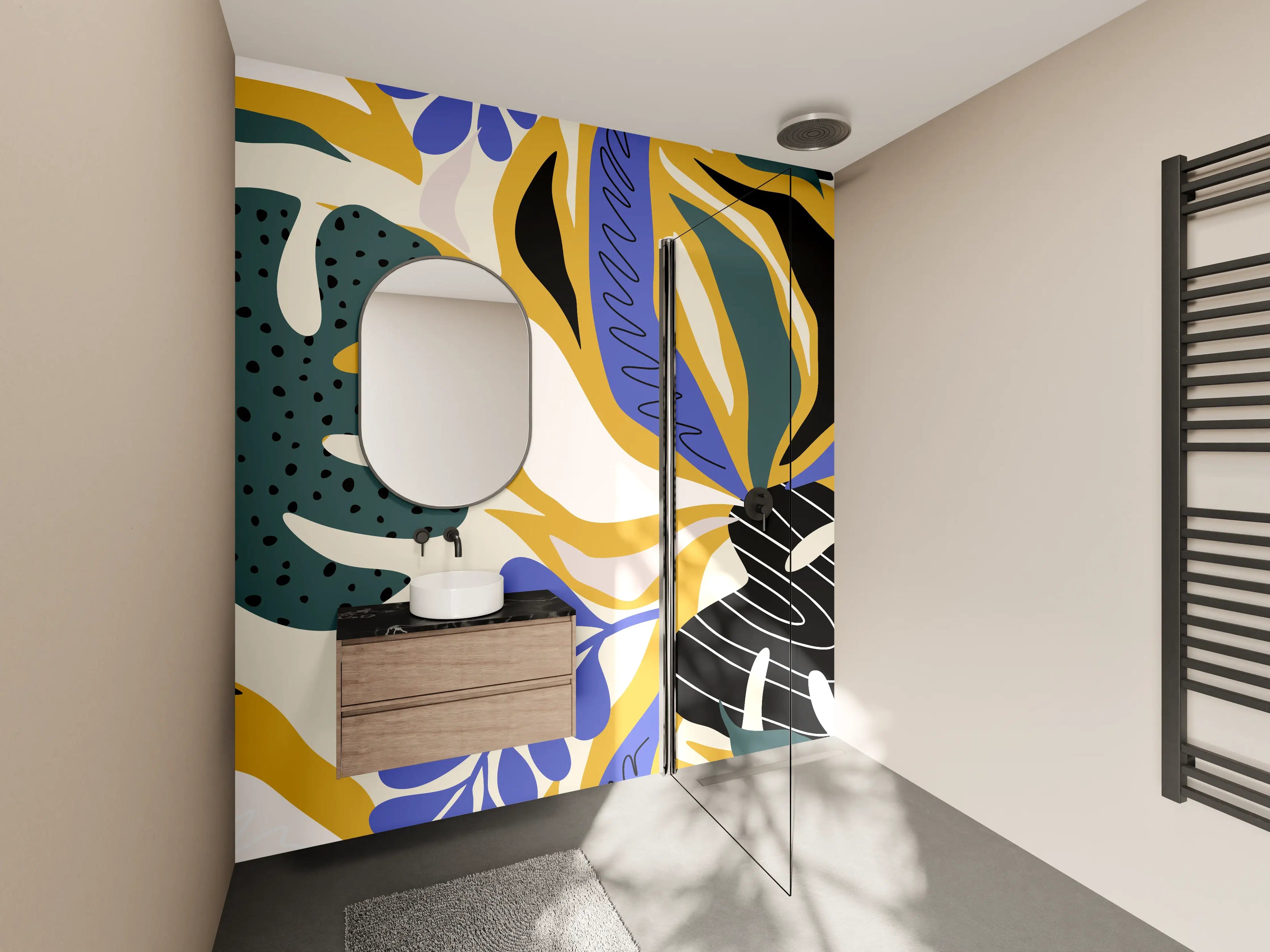 Wandverkleidung Bad - Tropisches Blattmuster Gelb-Blau