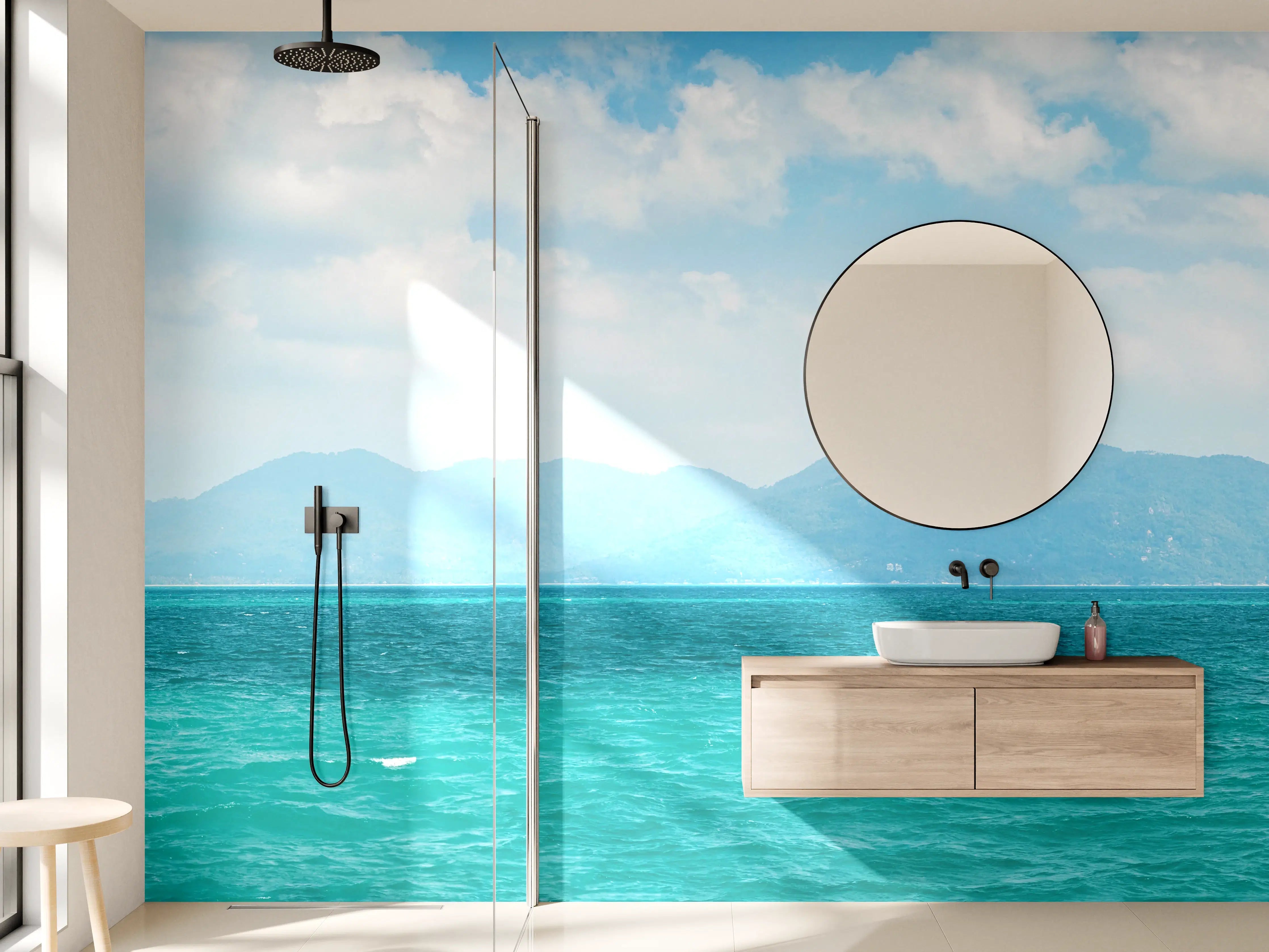 Wandverkleidung Bad - Tropisches Blau-Grün-Meerespanorama