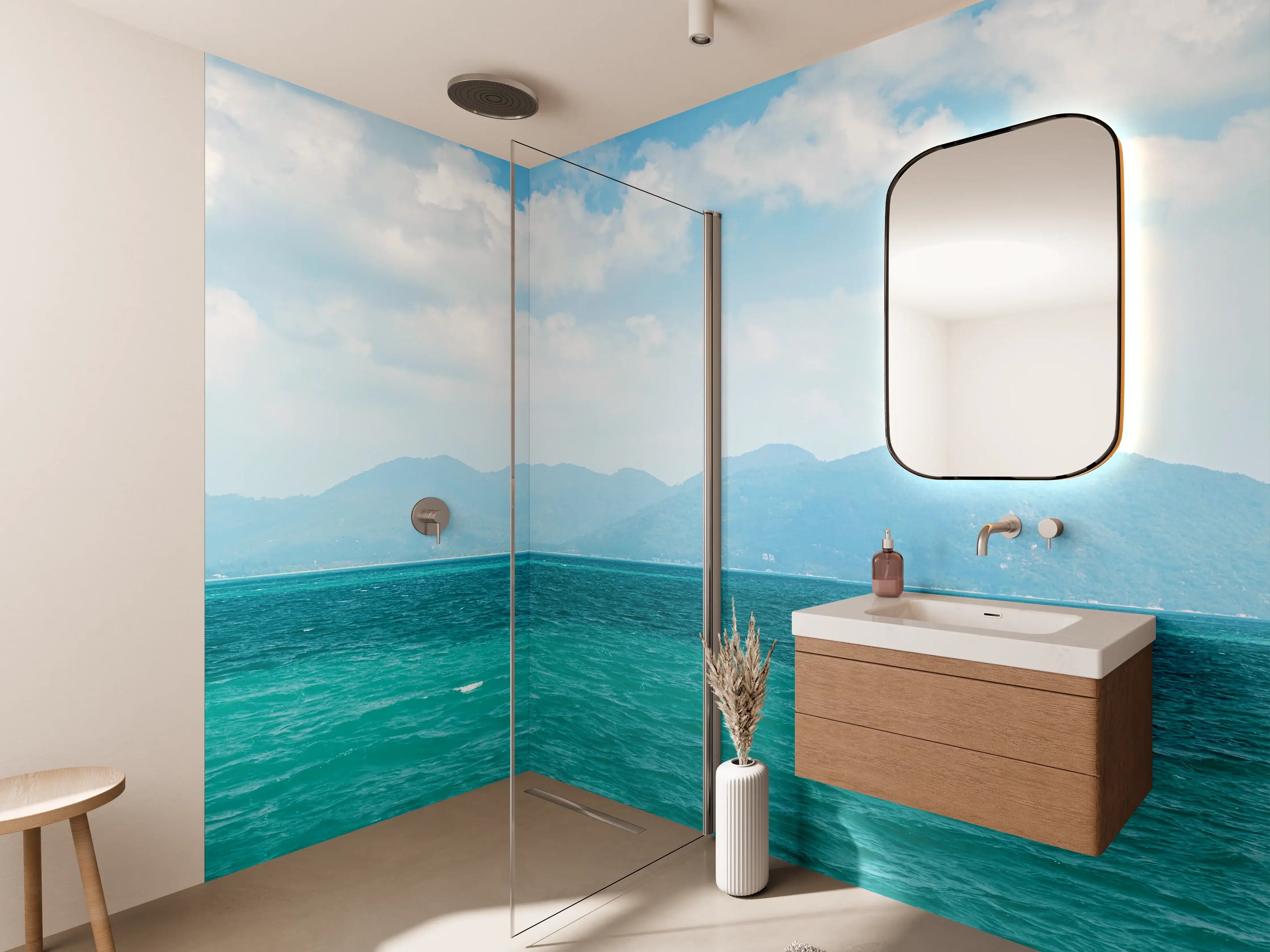 Wandverkleidung Bad - Tropisches Blau-Grün-Meerespanorama