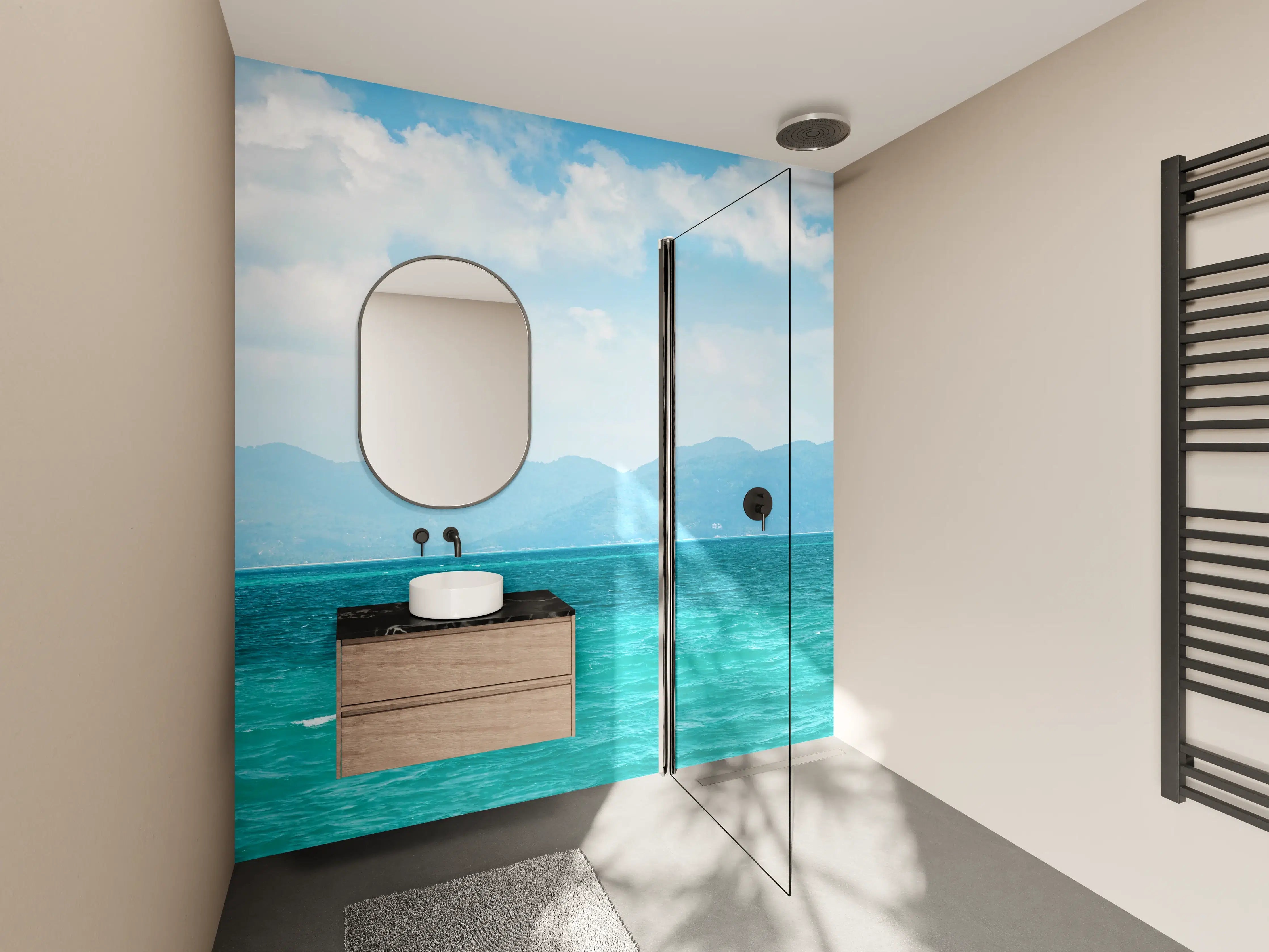 Wandverkleidung Bad - Tropisches Blau-Grün-Meerespanorama