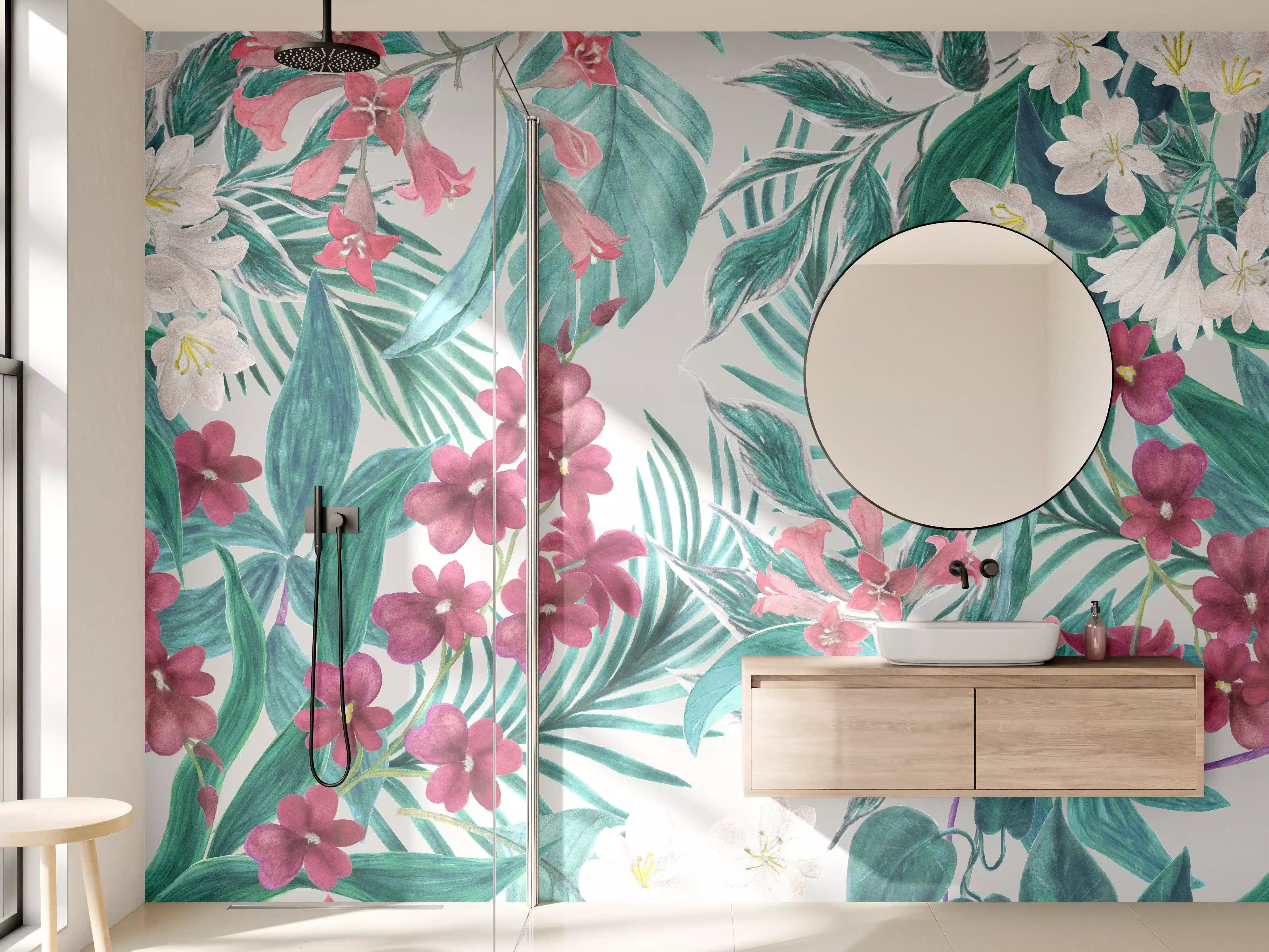 Wandverkleidung Bad - Tropisches Blumenmuster Rosa-Grau