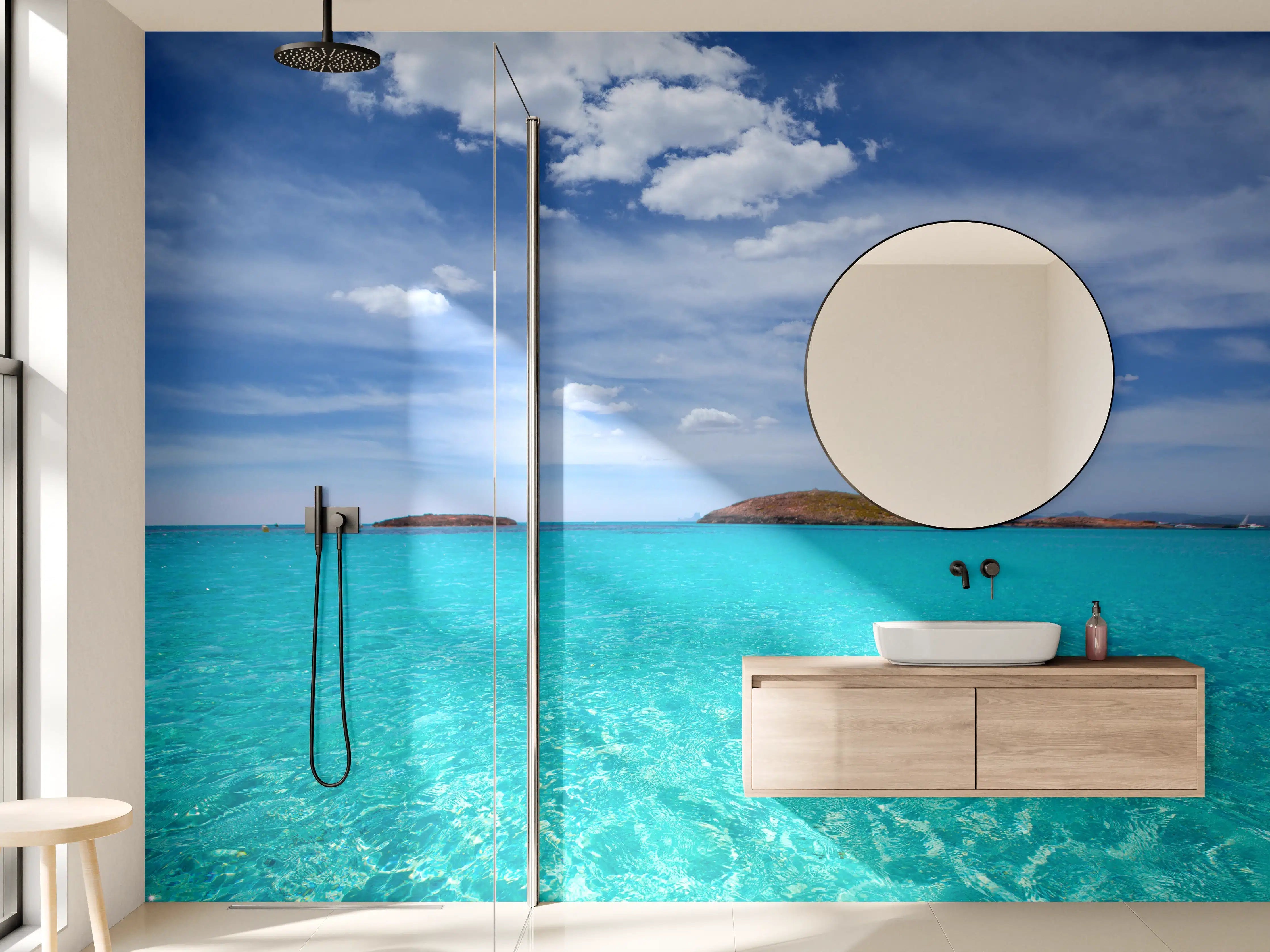 Wandverkleidung Bad - Tropisches Meer mit Inseln und Himmel