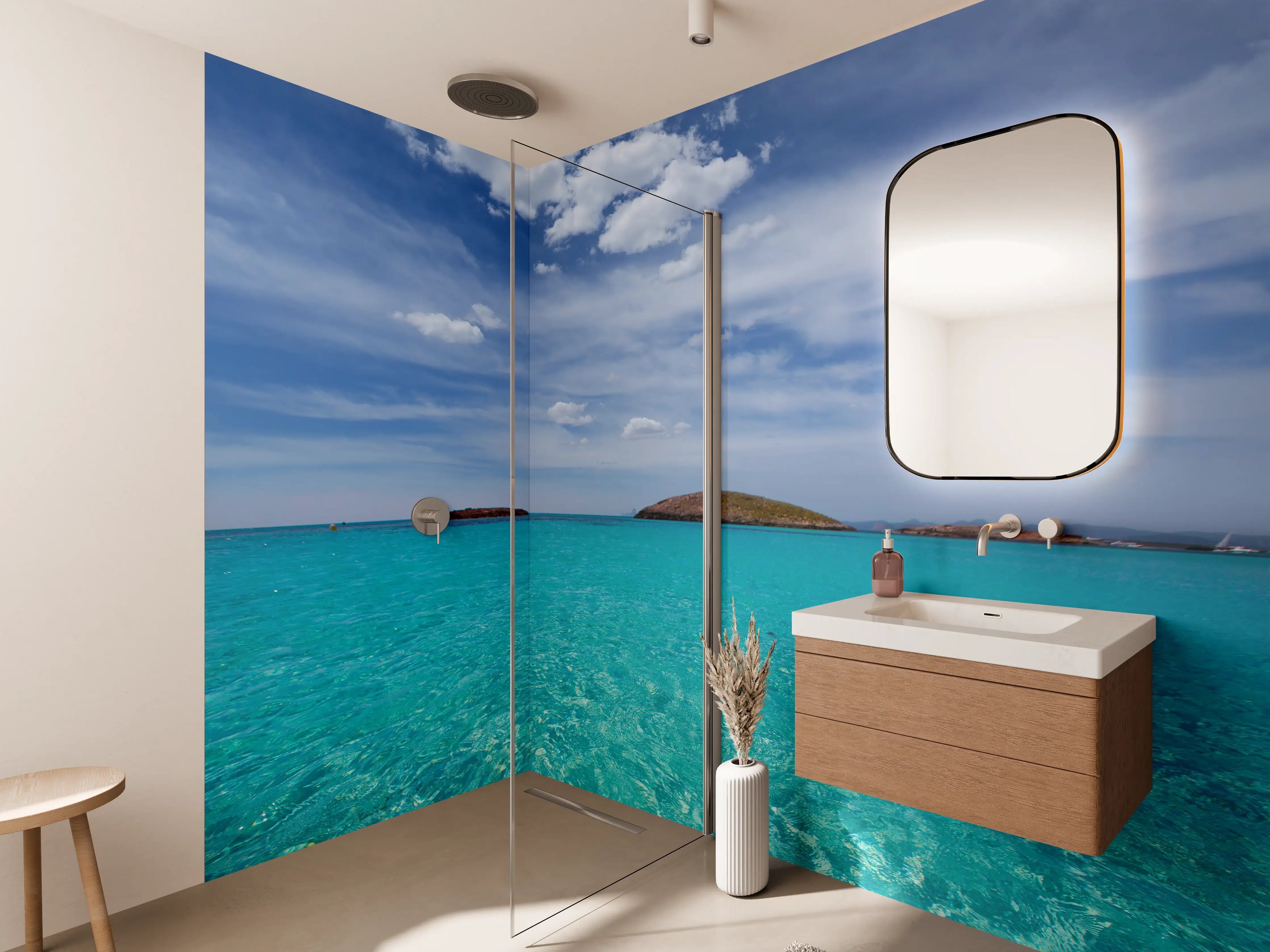 Wandverkleidung Bad - Tropisches Meer mit Inseln und Himmel