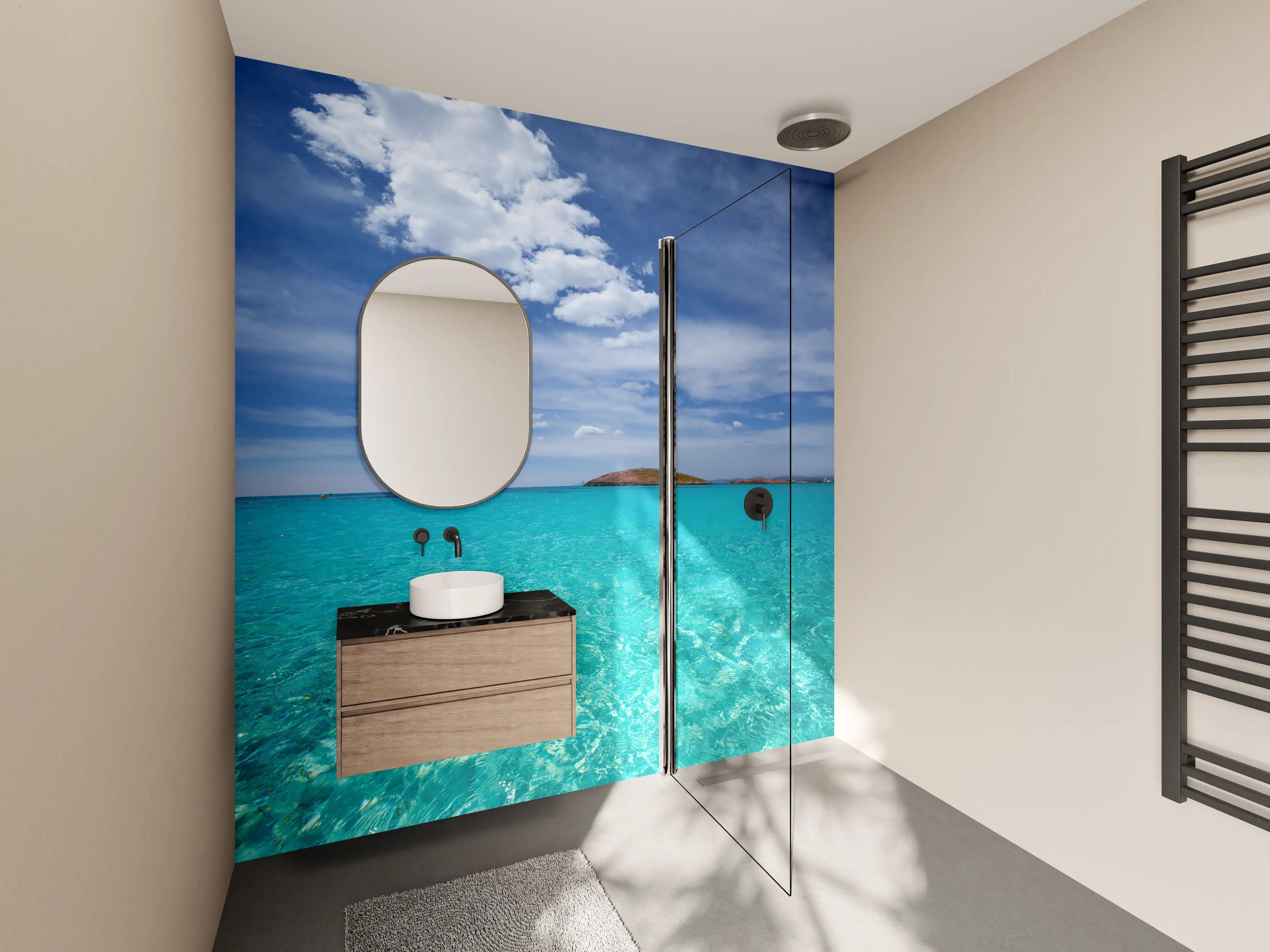 Wandverkleidung Bad - Tropisches Meer mit Inseln und Himmel