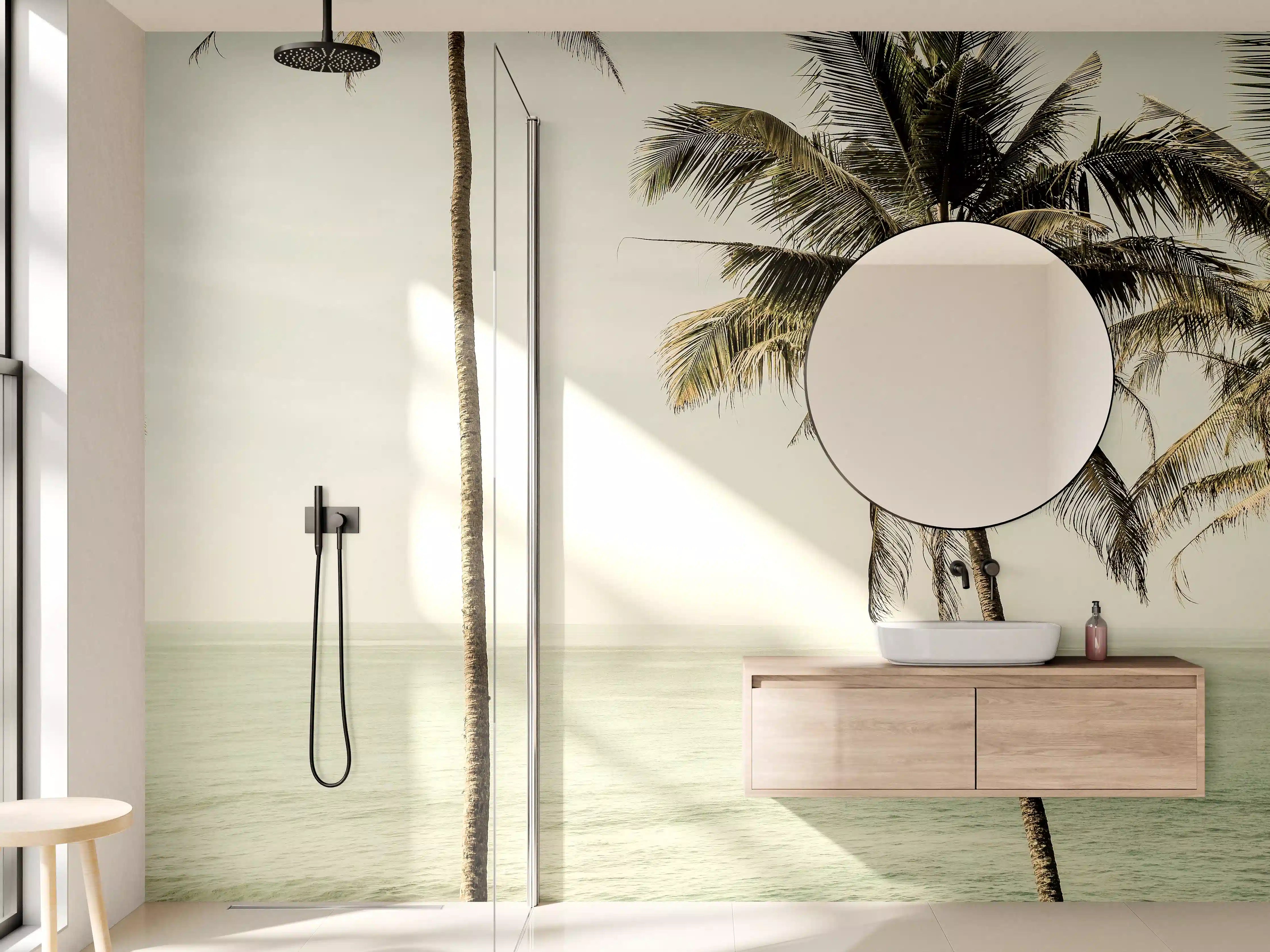 Wandverkleidung Bad - Tropisches Palmen-Meer-Panorama