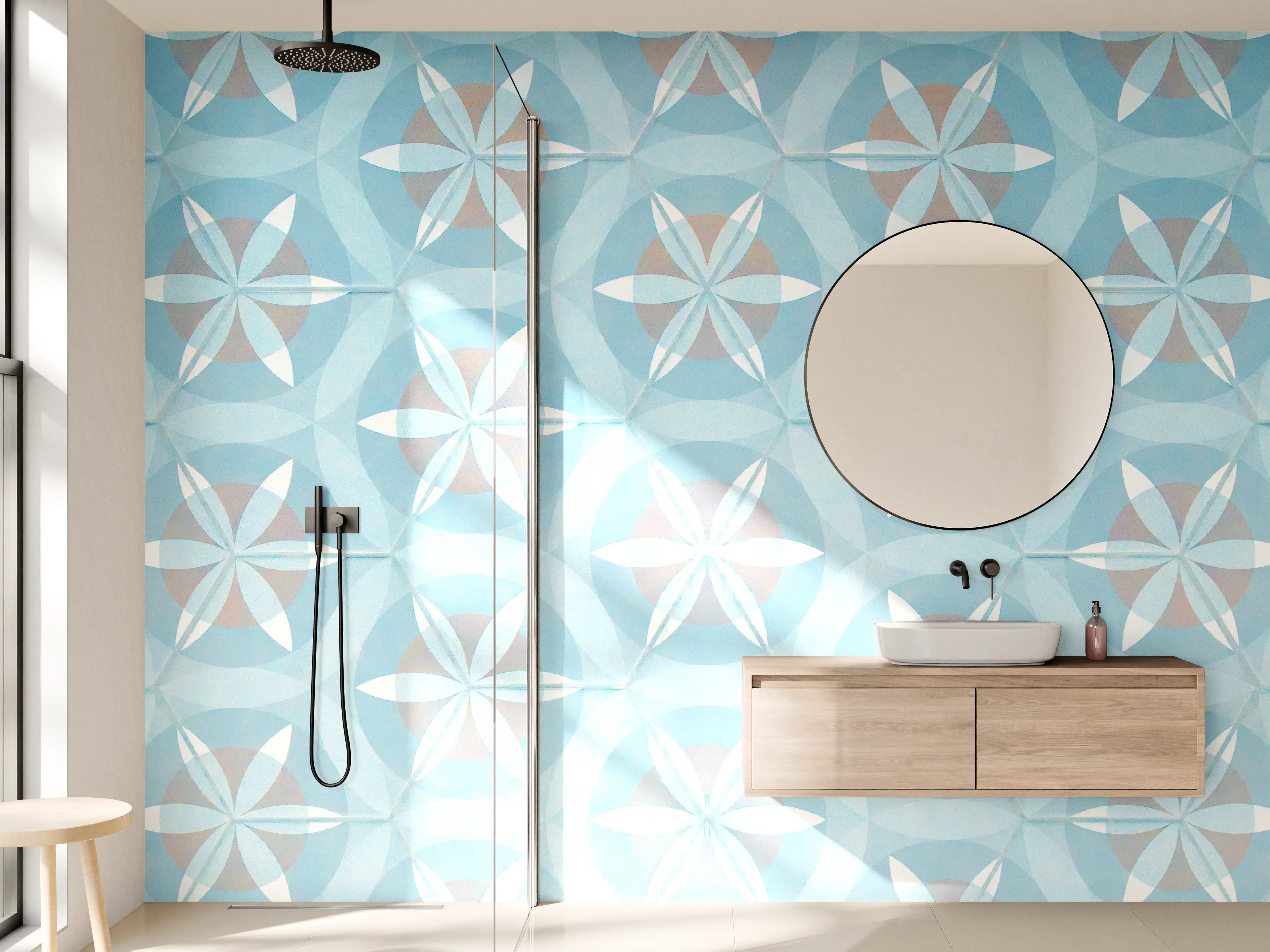 Wandverkleidung Bad - Türkis-Braun Vintage geometrisch Mosaik