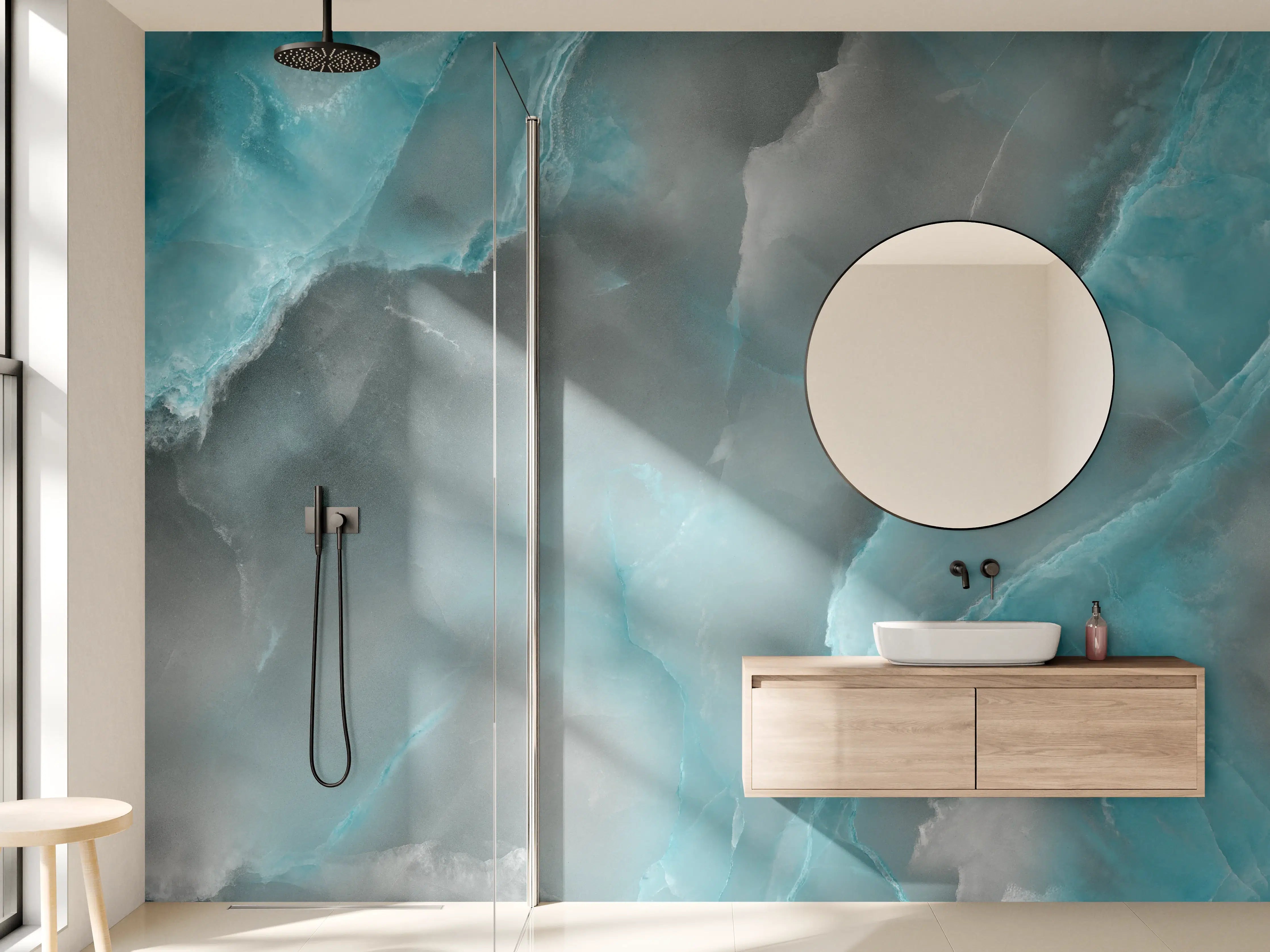 Wandverkleidung Bad - Türkis-Grau-Steinmuster