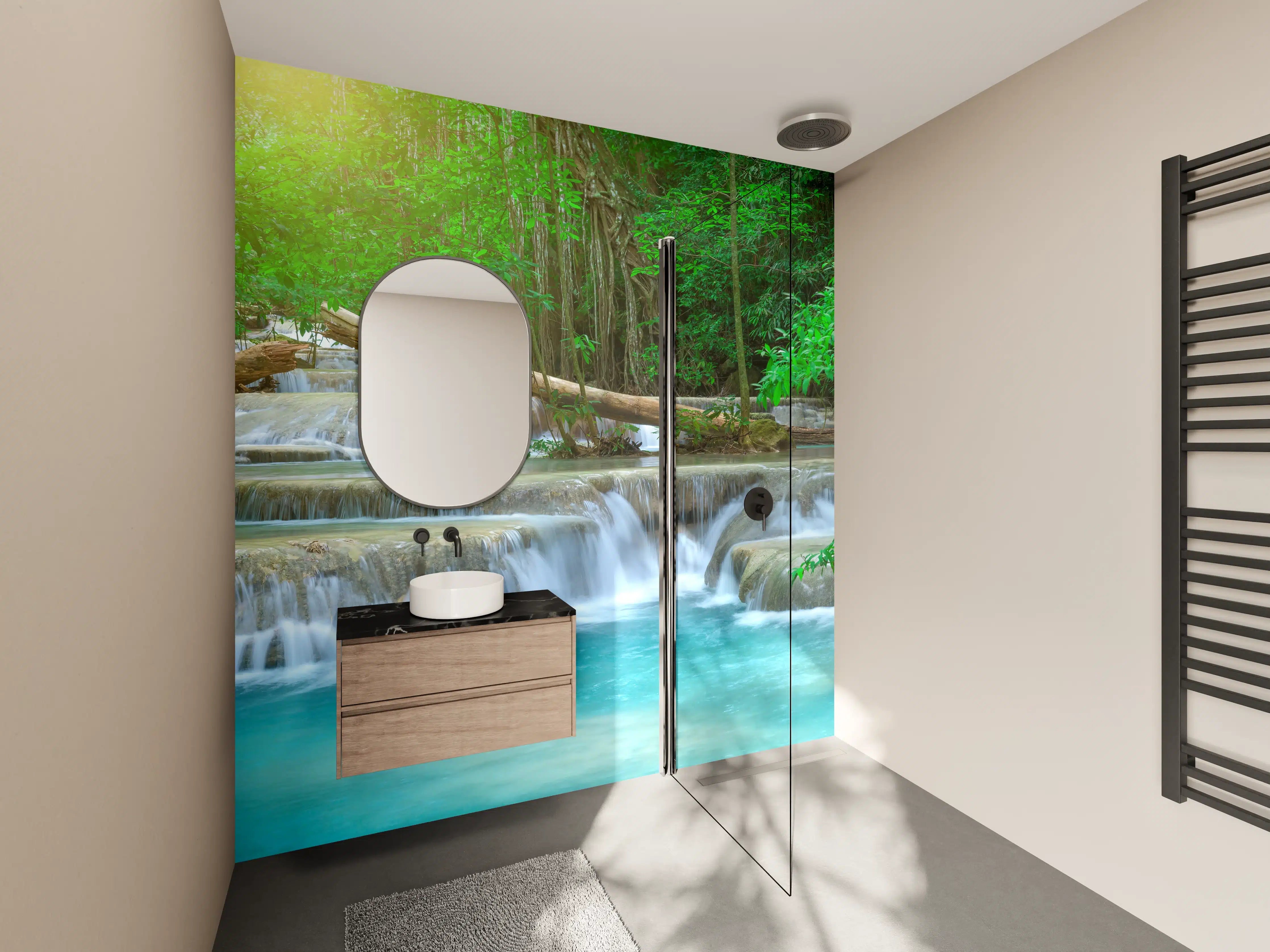 Wandverkleidung Bad - Türkis-Wasserfall im grünen Wald