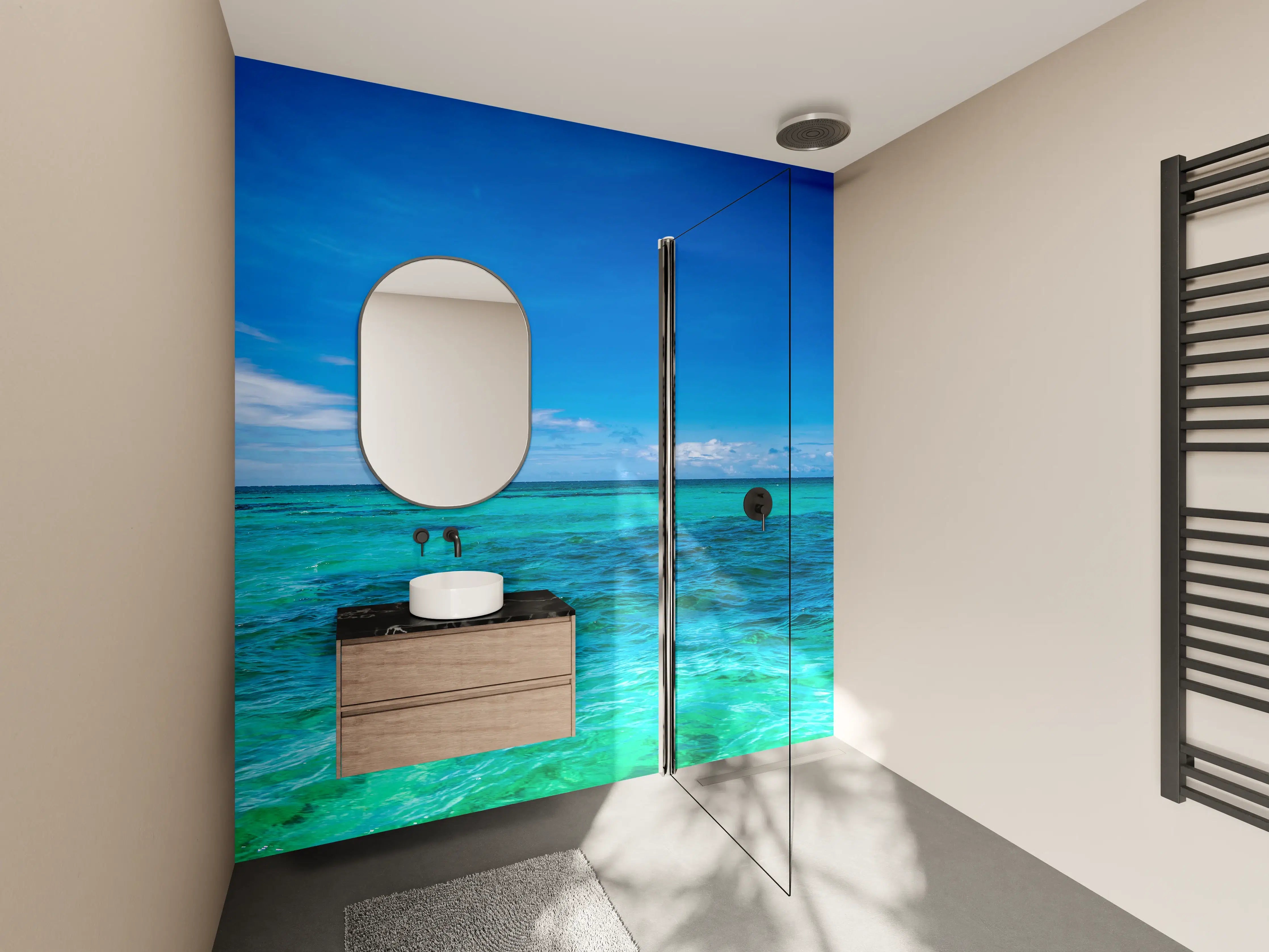 Wandverkleidung Bad - Türkisblaues Wasser unter klarem Himmel