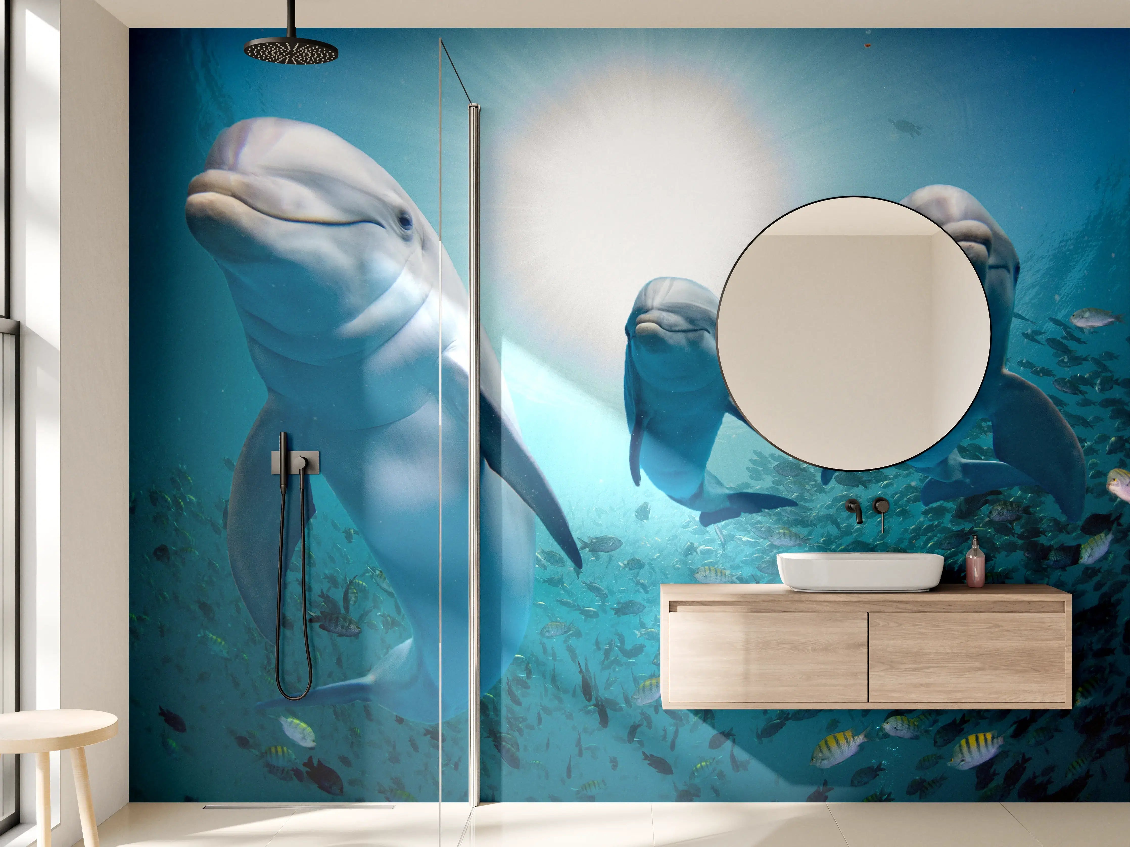 Wandverkleidung Bad - Unterwasser-Szene mit Delfinen und Sonnenlicht