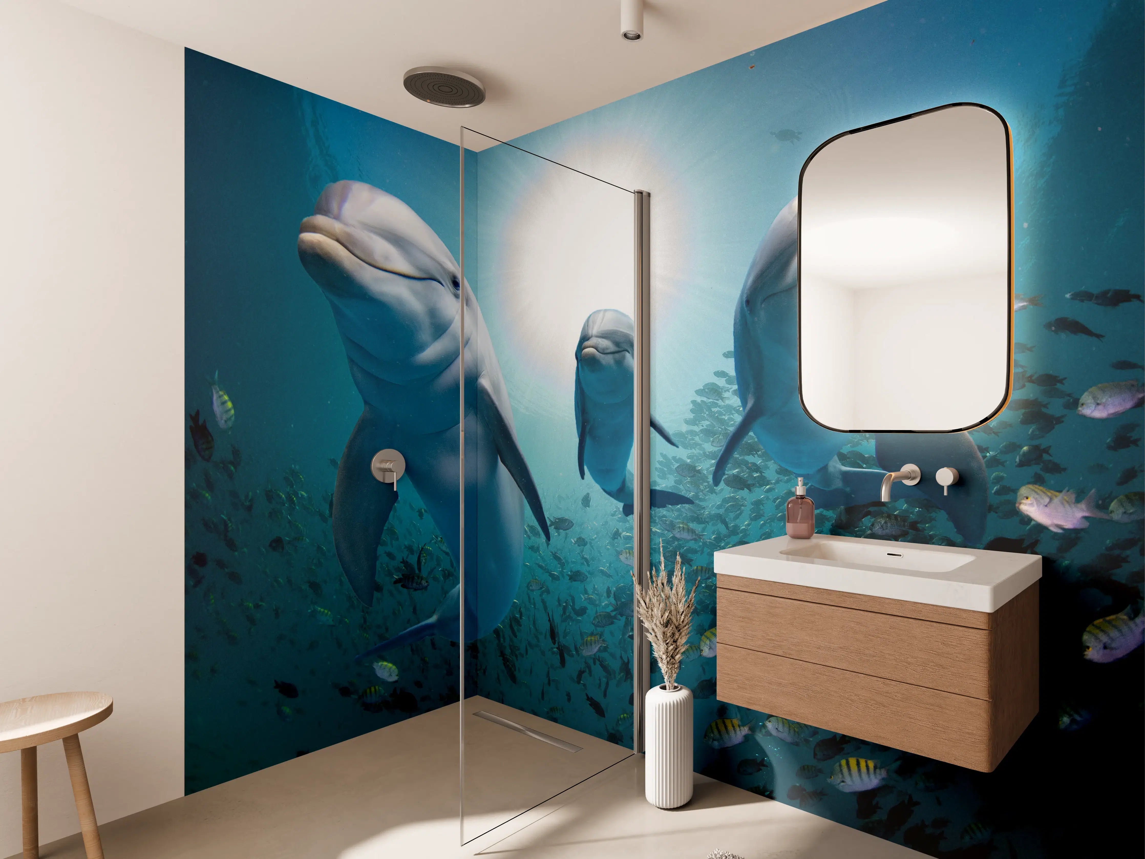 Wandverkleidung Bad - Unterwasser-Szene mit Delfinen und Sonnenlicht