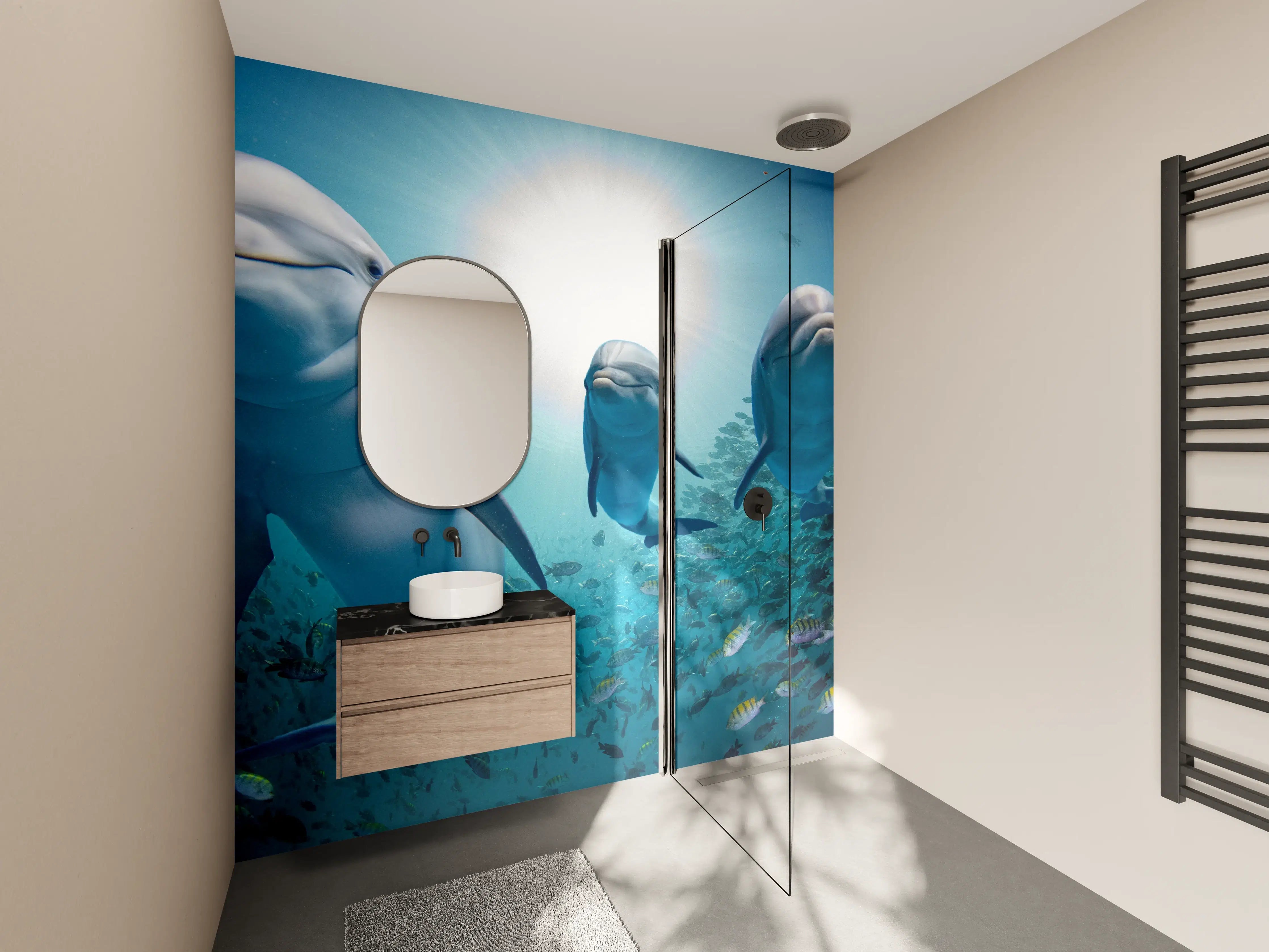 Wandverkleidung Bad - Unterwasser-Szene mit Delfinen und Sonnenlicht
