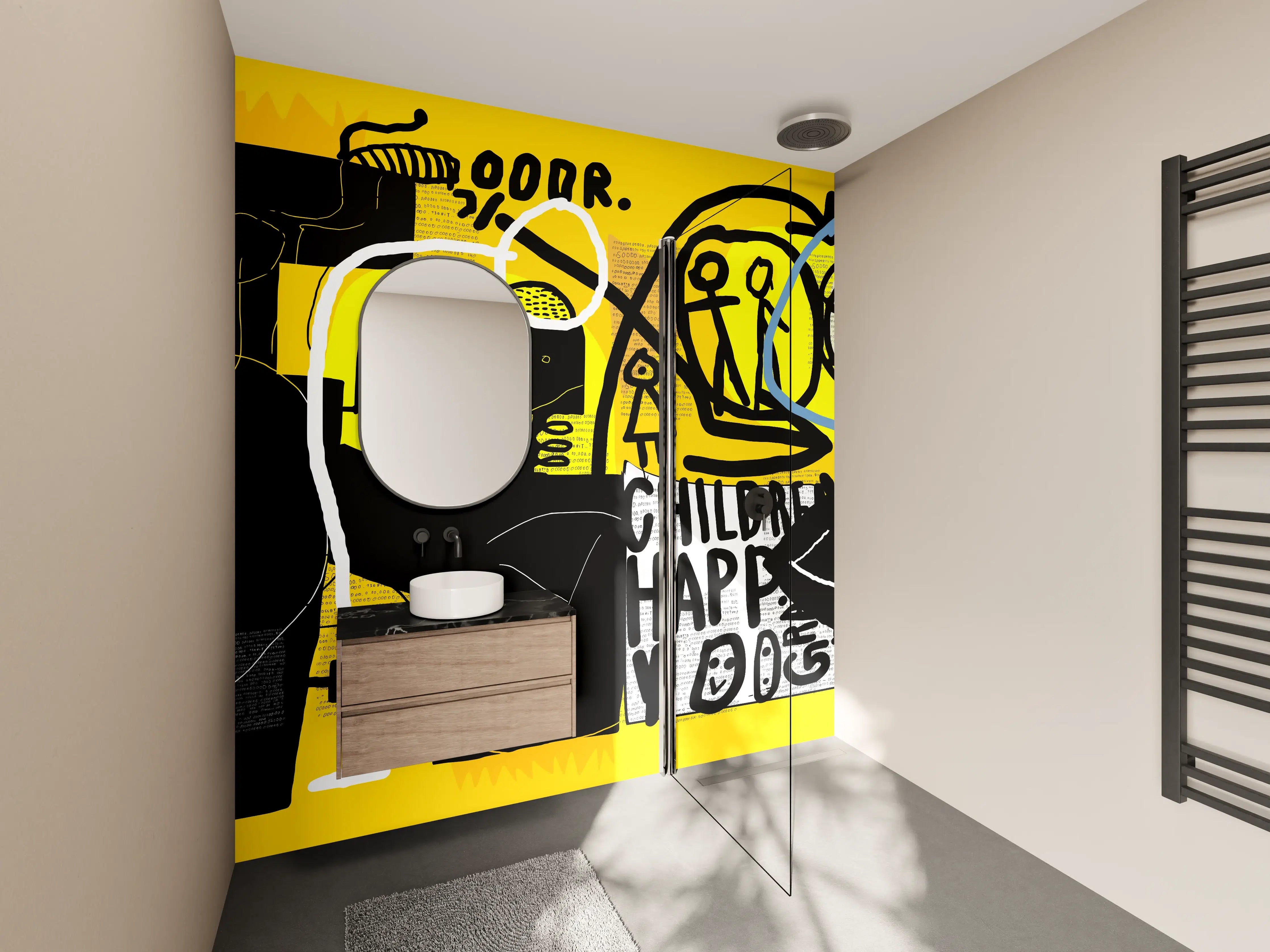 Wandverkleidung Bad - Urbanes Graffiti-Kunstwerk Gelb Schwarz