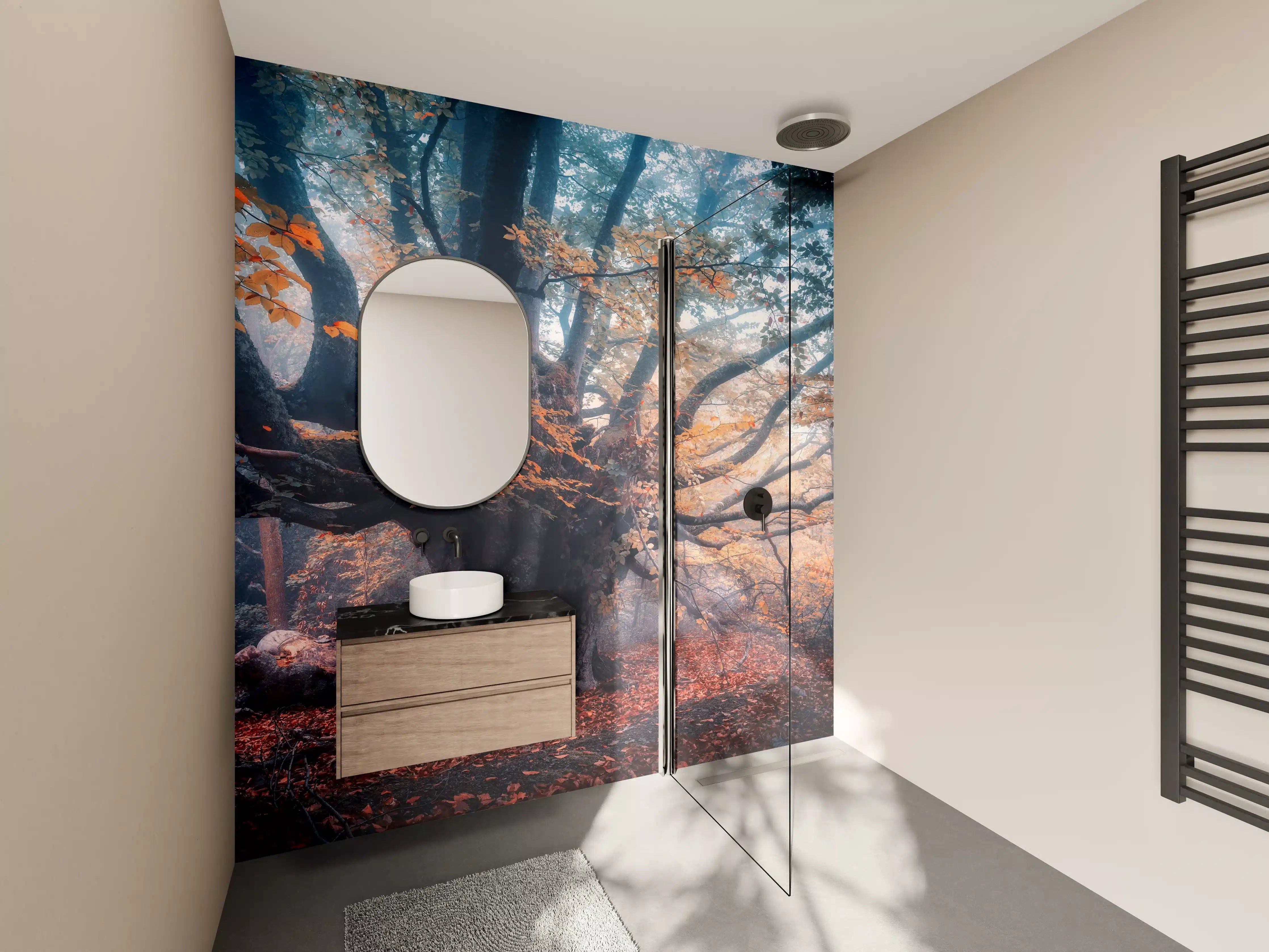 Wandverkleidung Bad - Verhüllter Herbstwald im Grau-weißen Licht