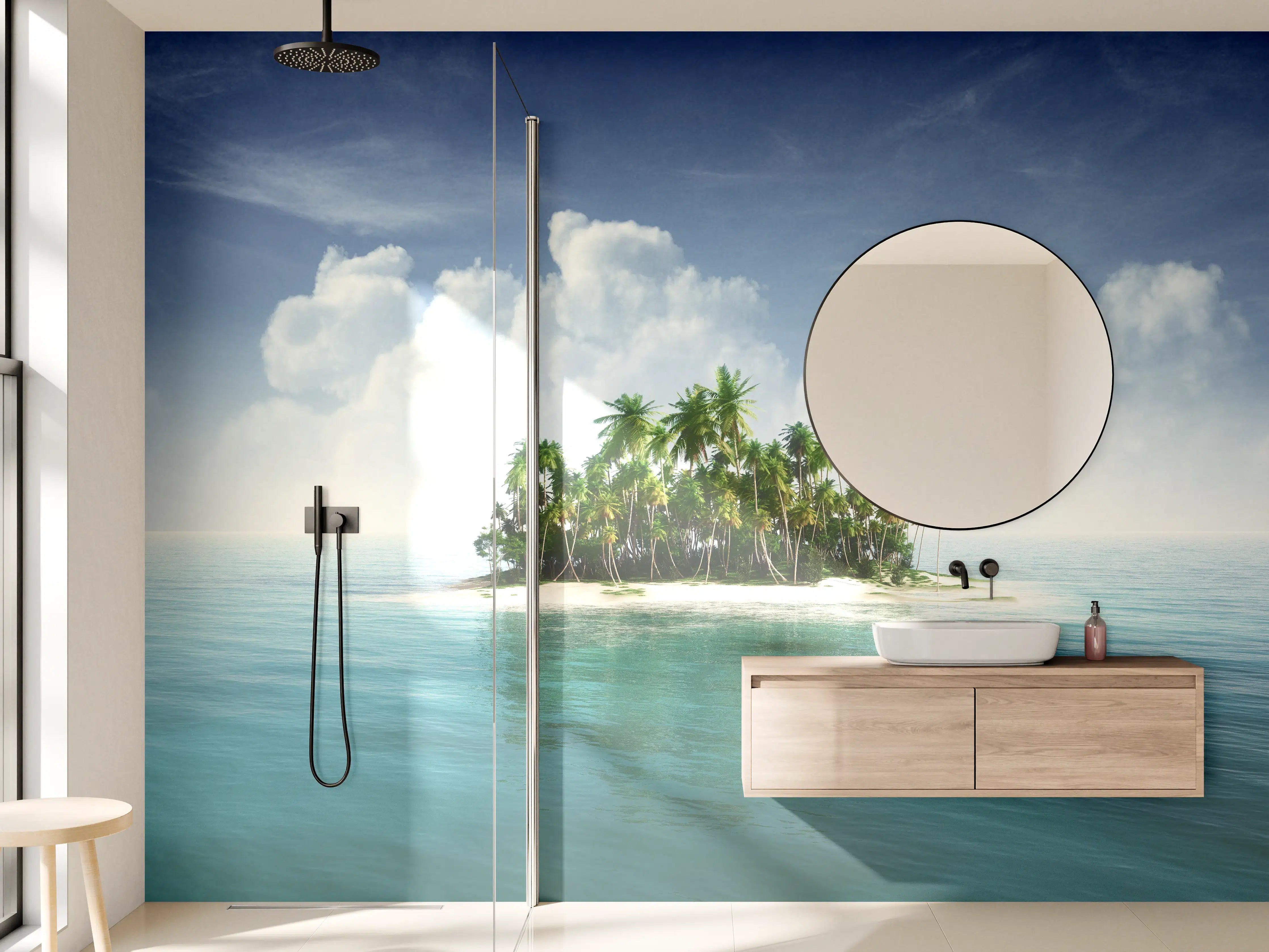 Wandverkleidung Bad - Verwitterte Palmeninsel im Grauweiß