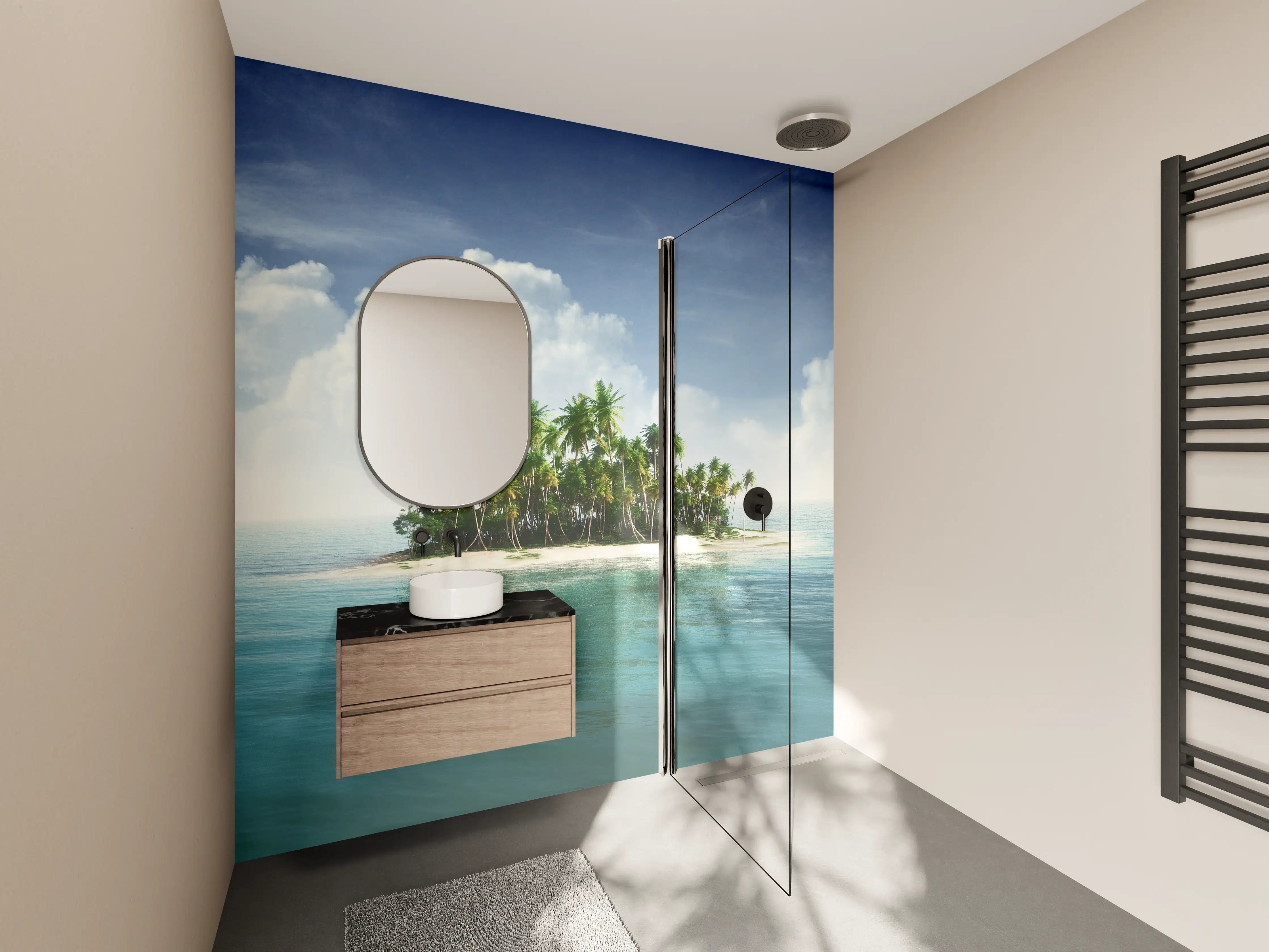 Wandverkleidung Bad - Verwitterte Palmeninsel im Grauweiß