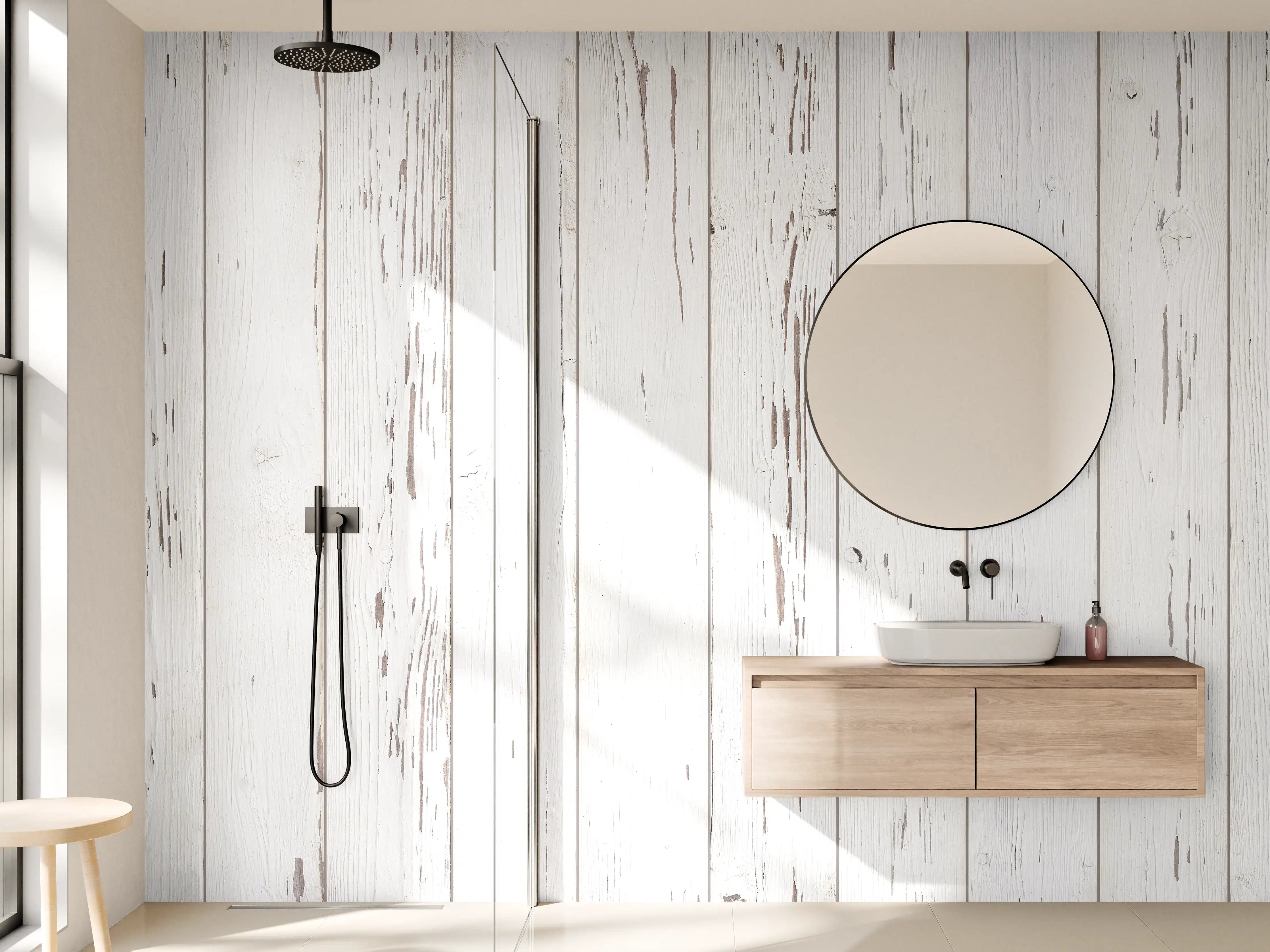 Wandverkleidung Bad - Verwitterte weiße Holzdielen