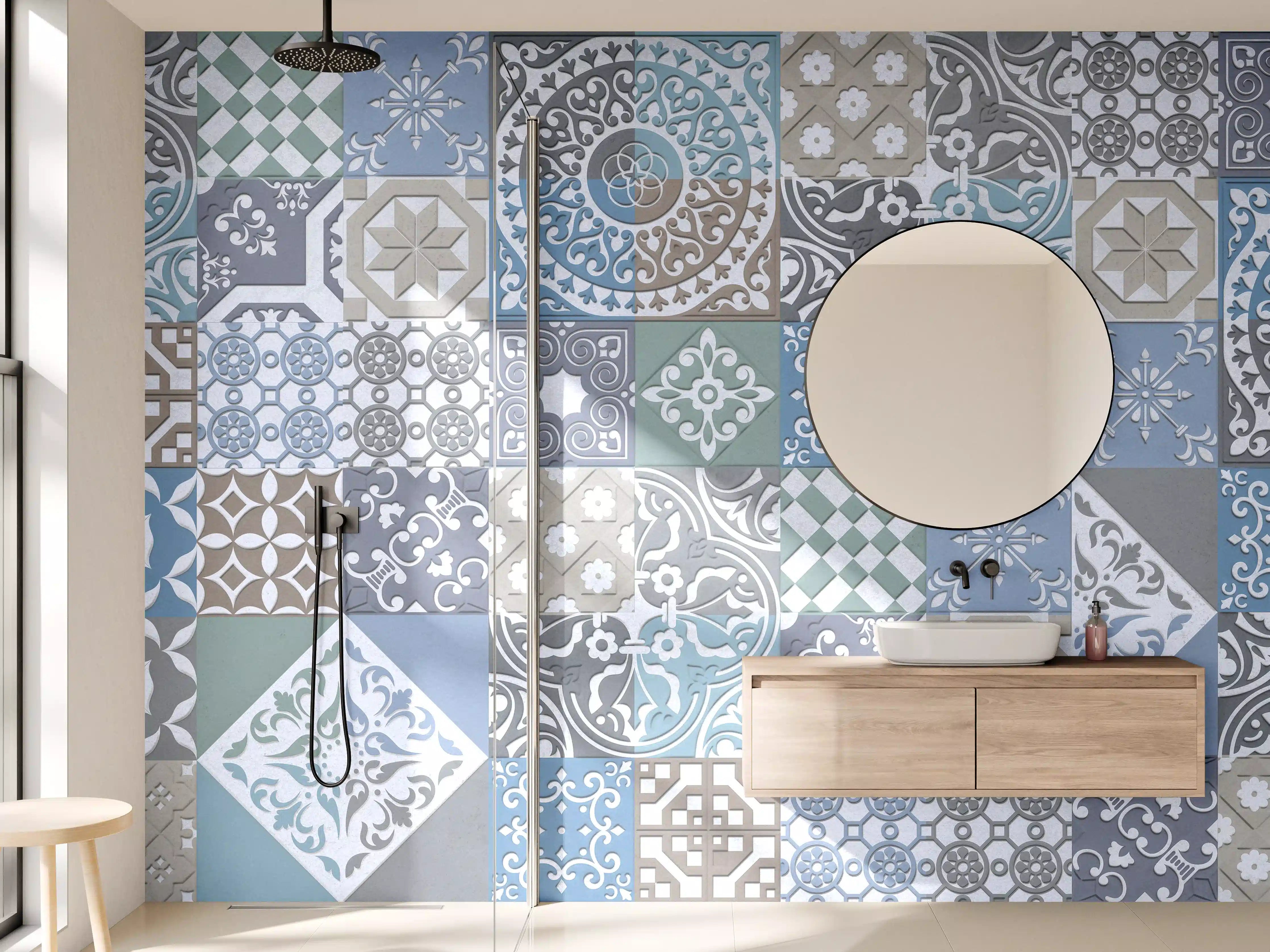 Wandverkleidung Bad - Vielseitige Fliesenmuster in Blau, Grau und Grün