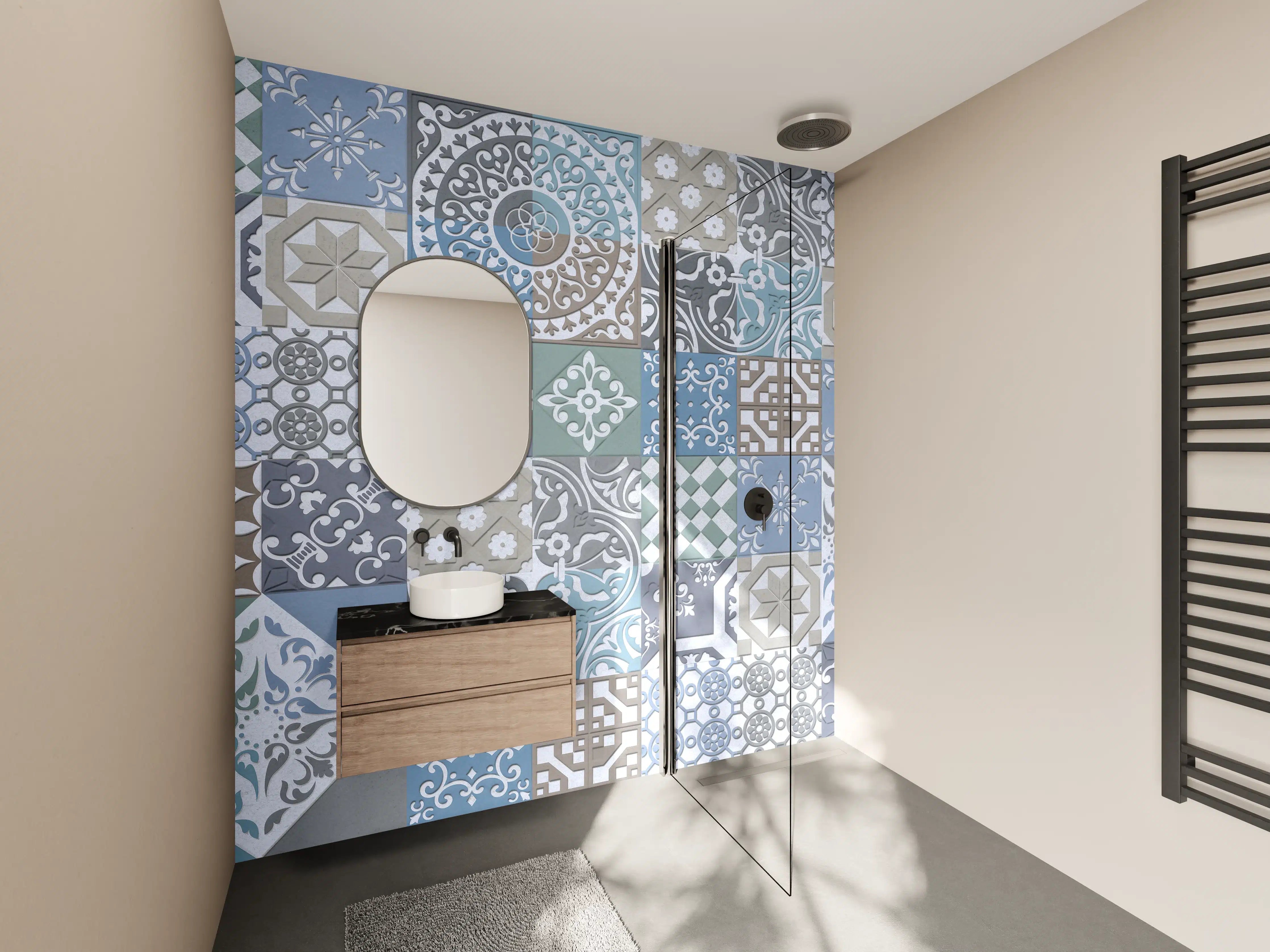 Wandverkleidung Bad - Vielseitige Fliesenmuster in Blau, Grau und Grün