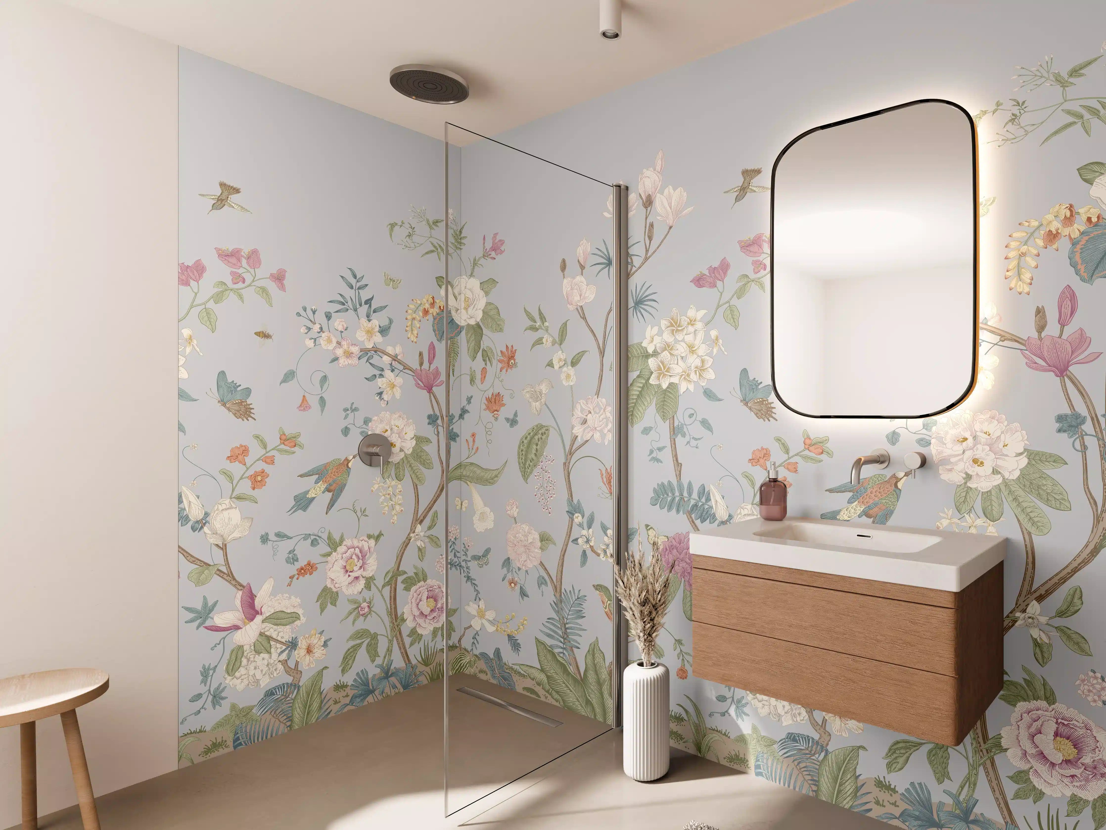 Wandverkleidung Bad - Vintage Bloom Blumenbordüre Grau-Rosa