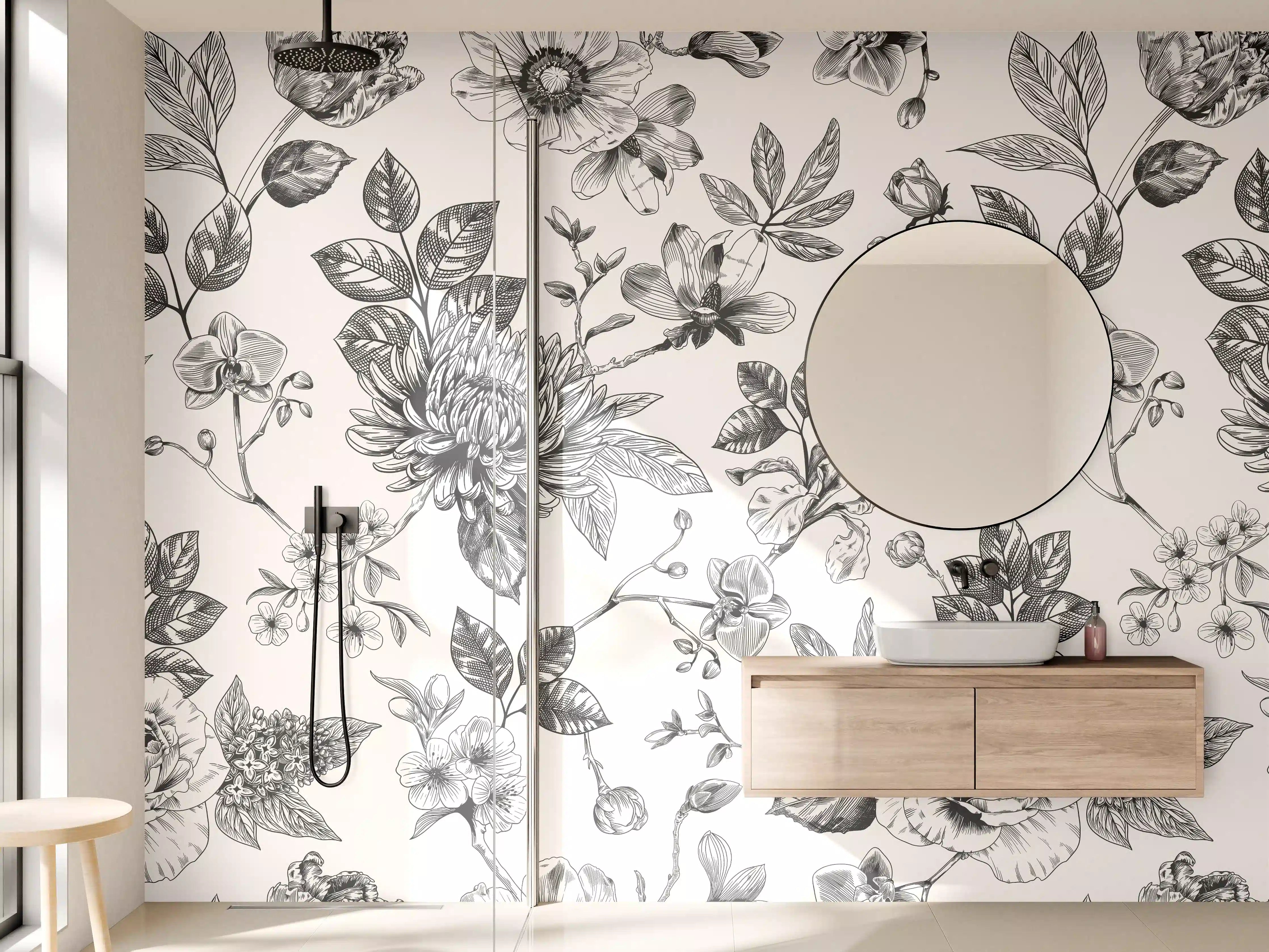 Wandverkleidung Bad - Vintage-Blumen Schwarz-Weiß
