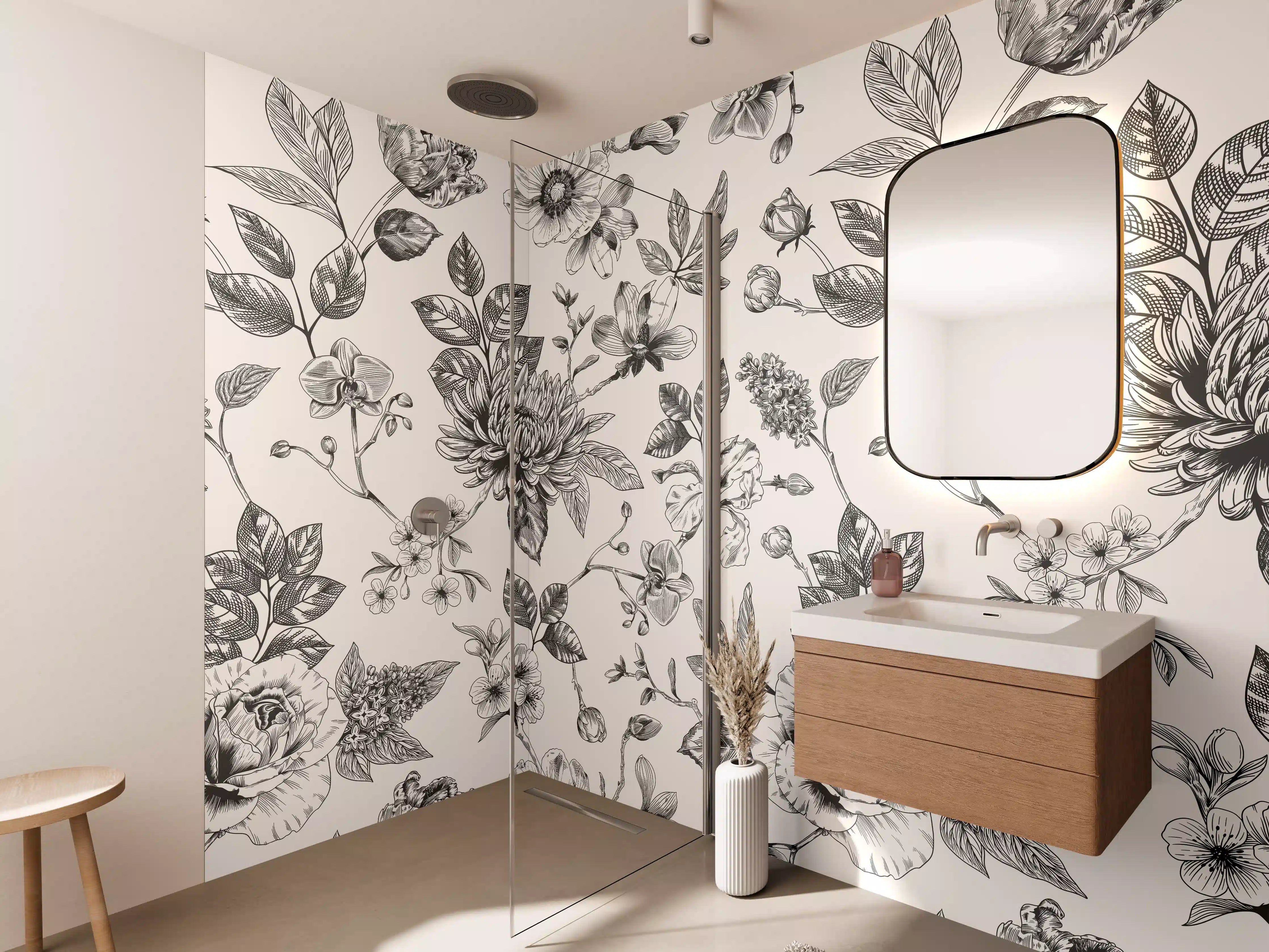 Wandverkleidung Bad - Vintage-Blumen Schwarz-Weiß