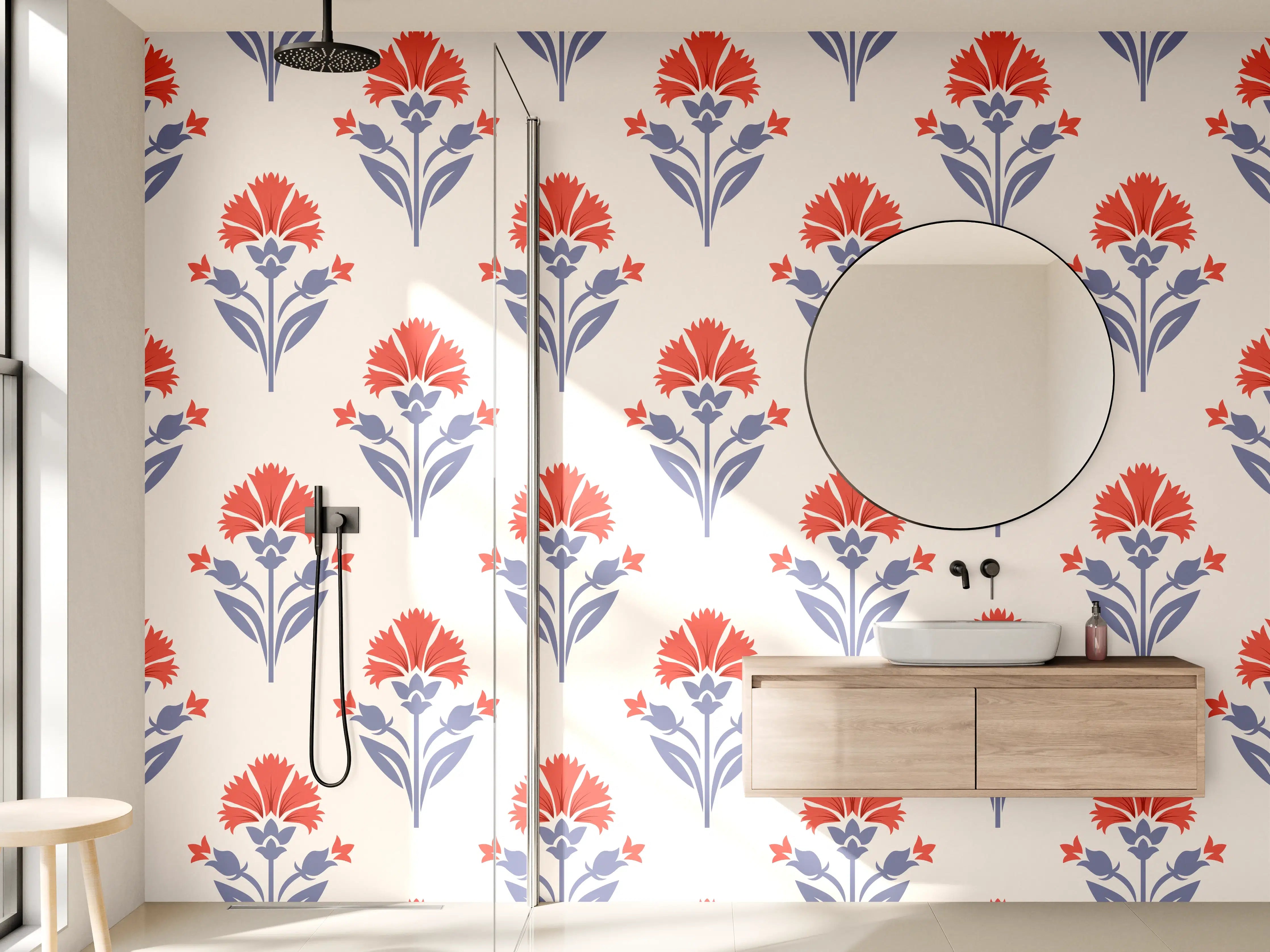 Wandverkleidung Bad - Vintage Blumen Tapete Beige-Rot