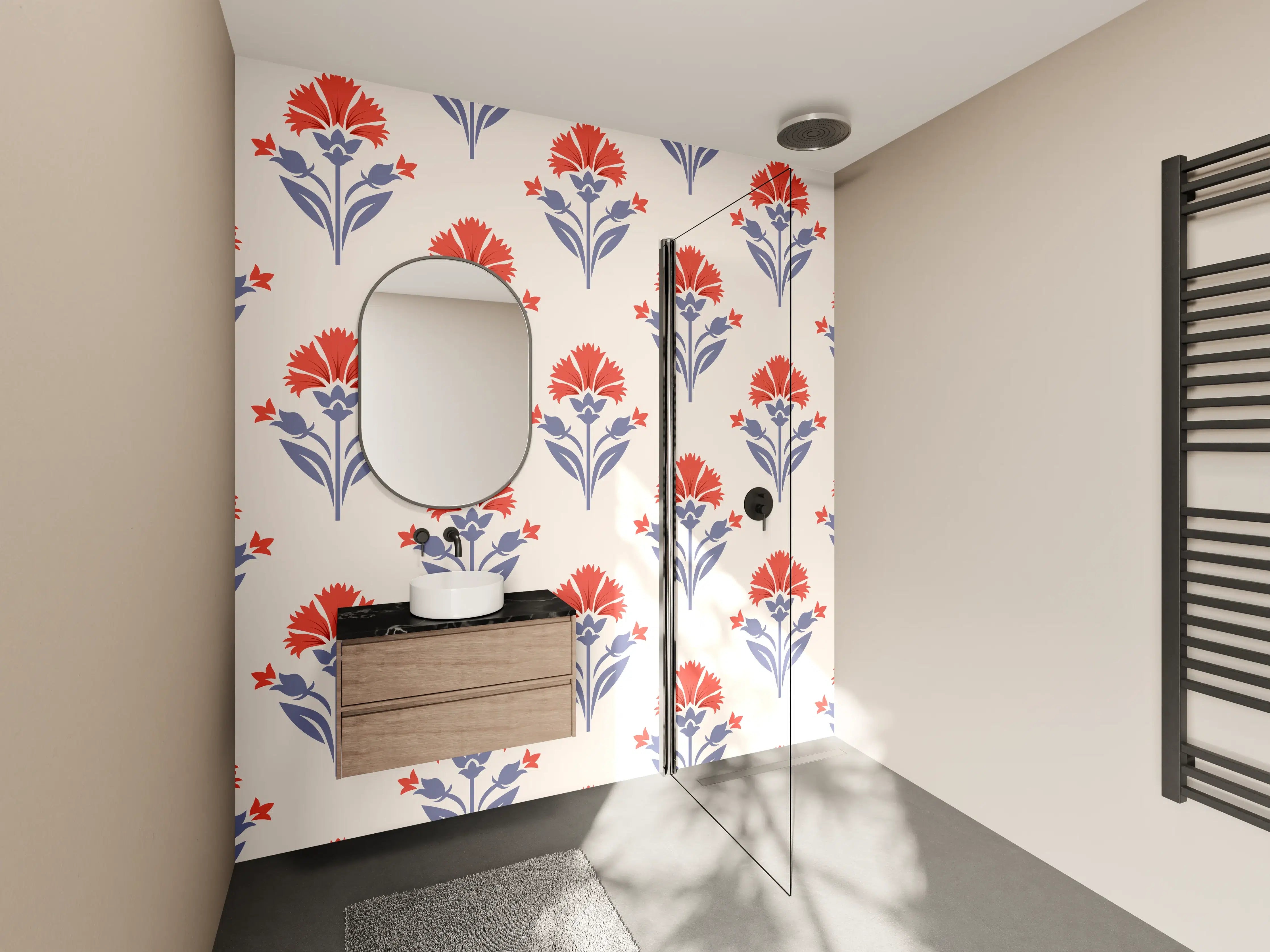 Wandverkleidung Bad - Vintage Blumen Tapete Beige-Rot
