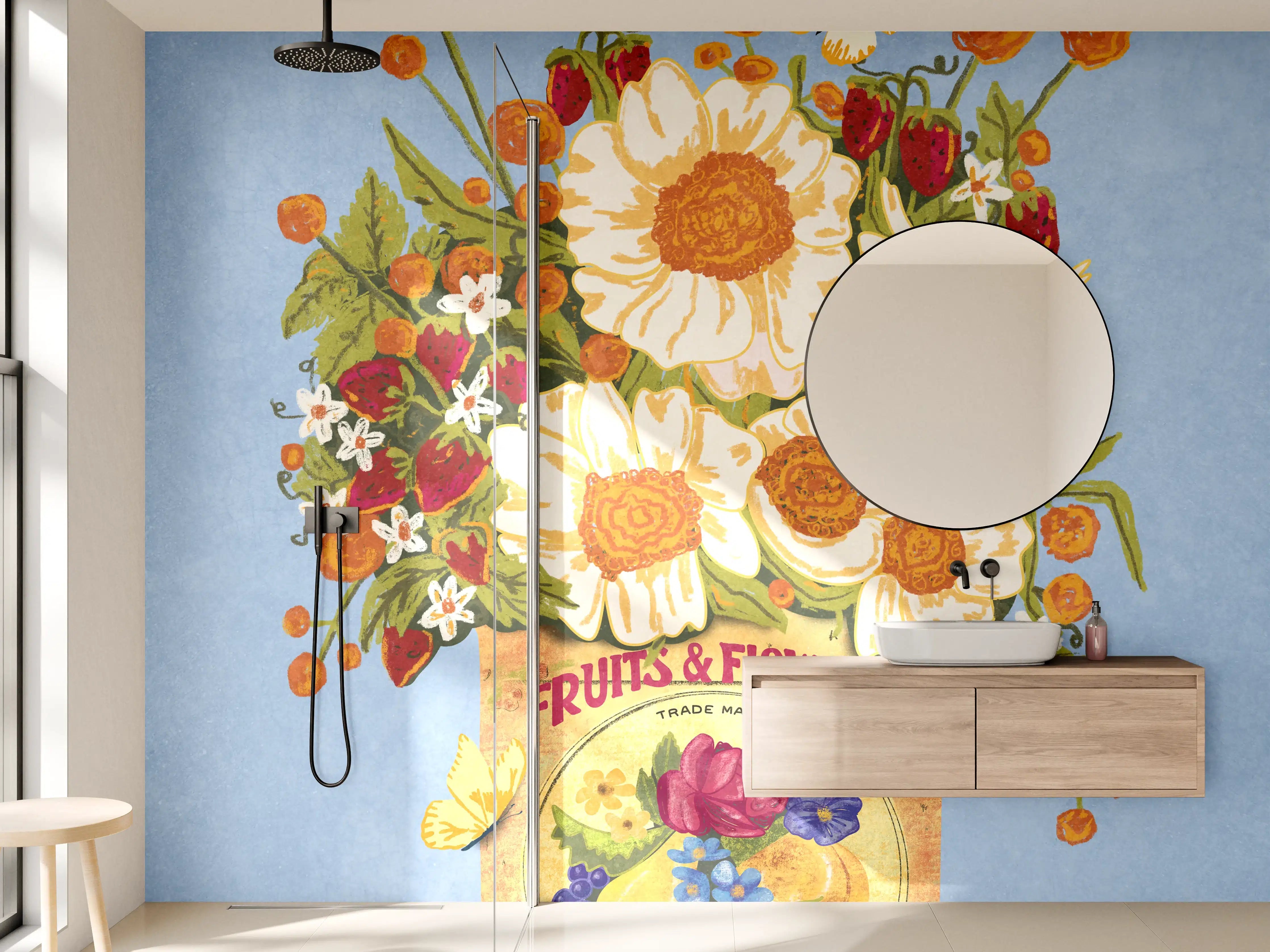 Wandverkleidung Bad - Vintage Blumenillustration Bunt