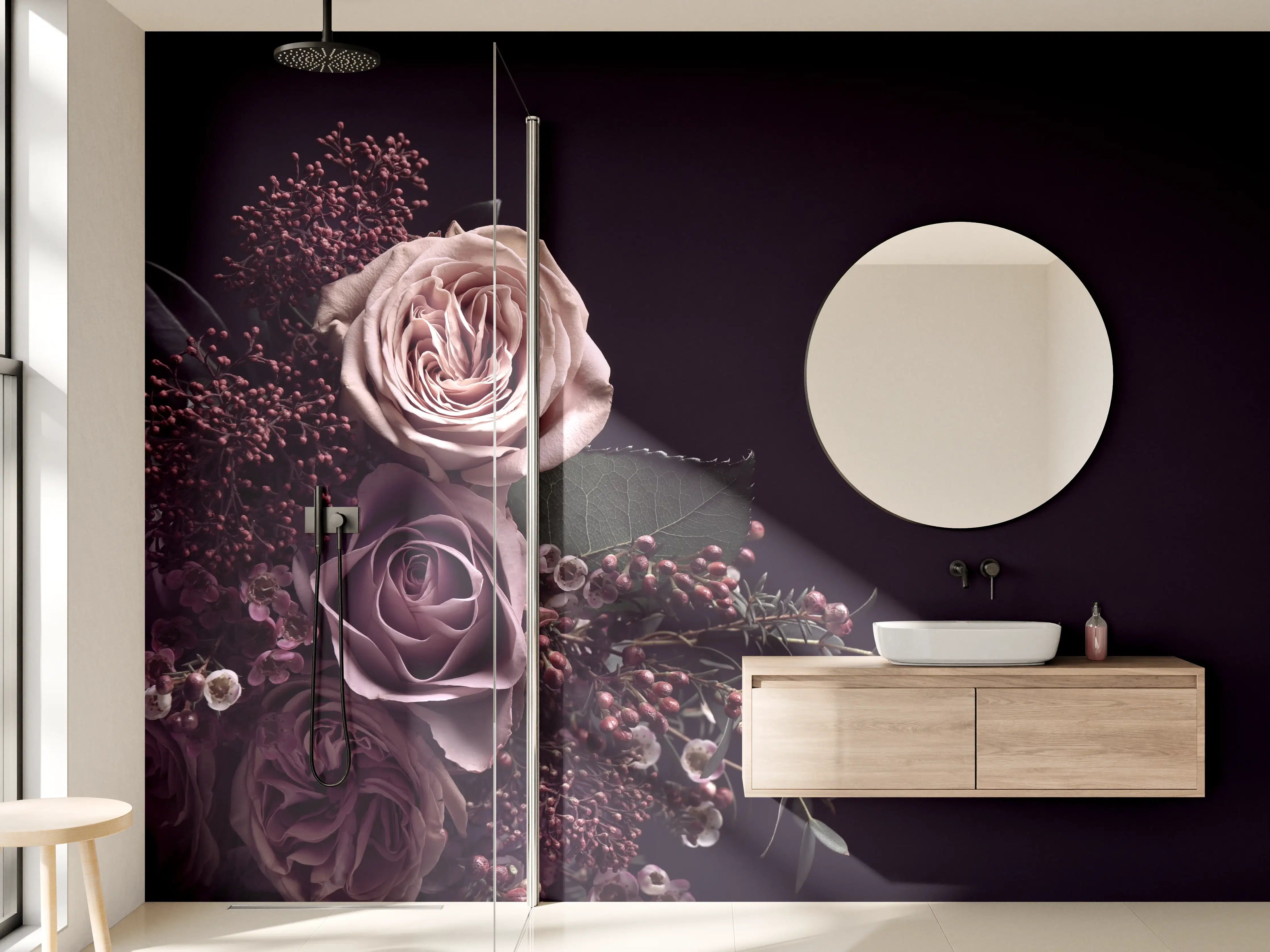 Wandverkleidung Bad - Vintage Blumenstrauß auf schwarzem Hintergrund