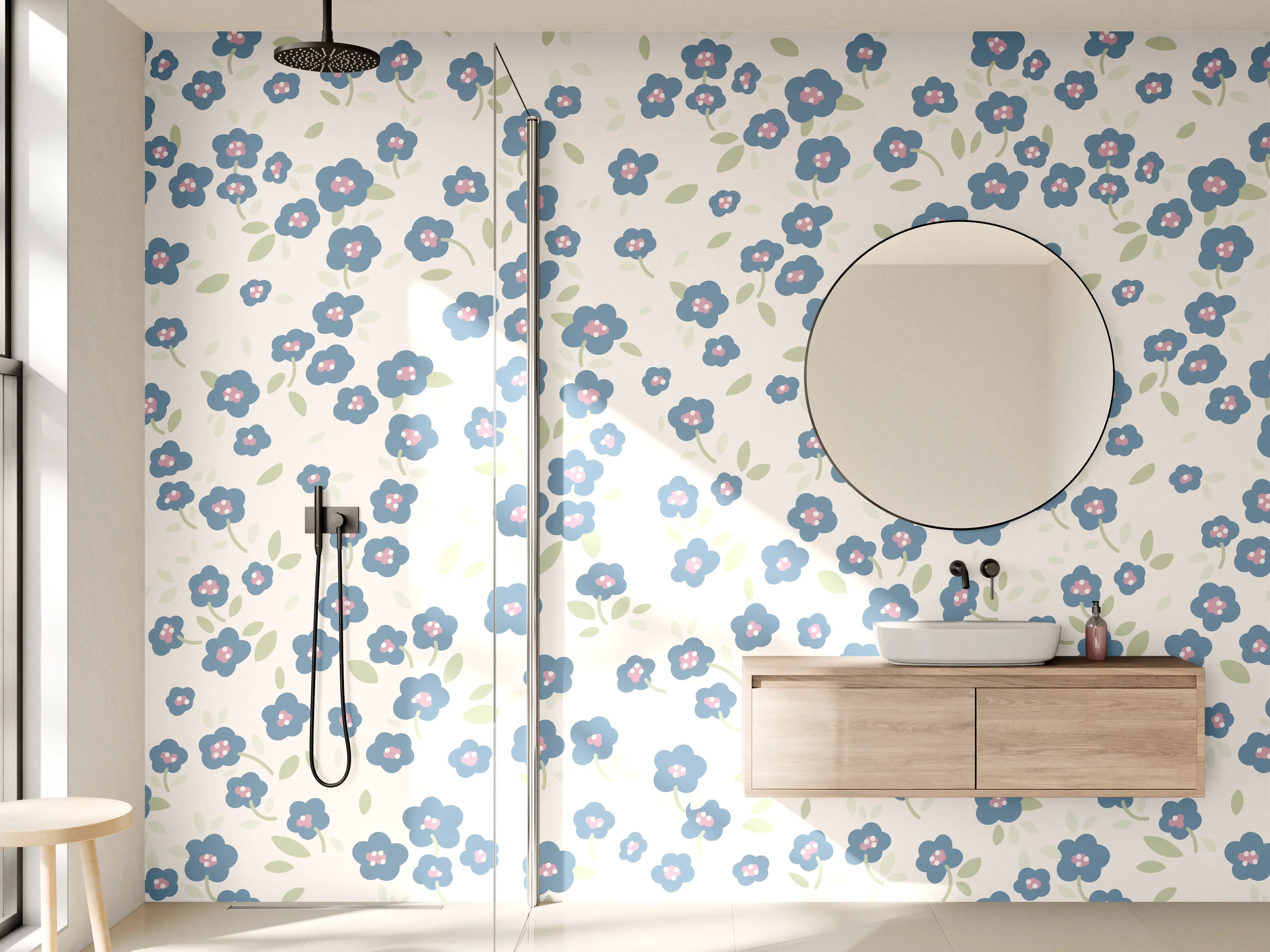 Wandverkleidung Bad - Vintage Ditsy Blumen Blau-Beige