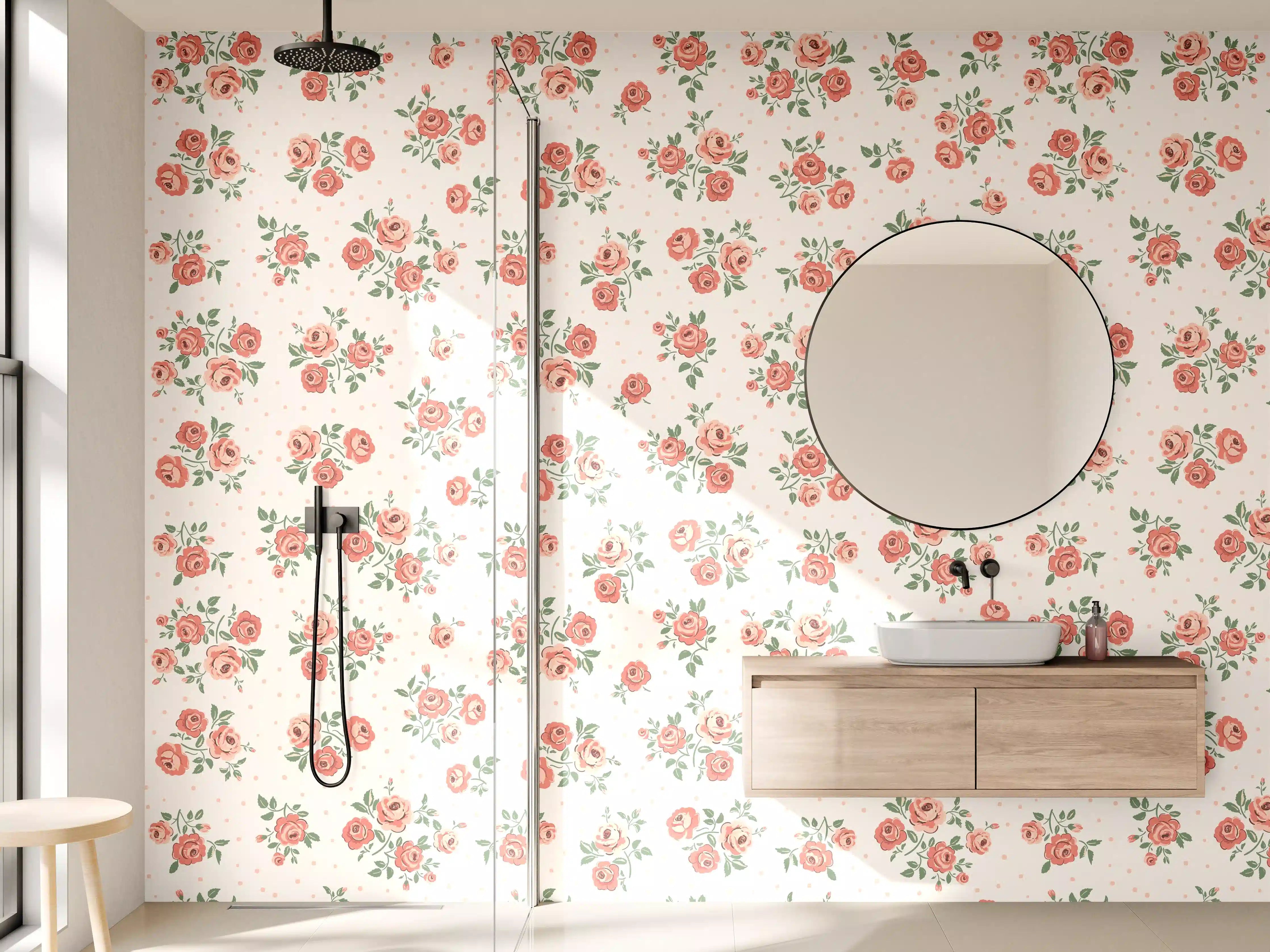 Wandverkleidung Bad - Vintage Ditsy Rosenmuster Rosa-Beige